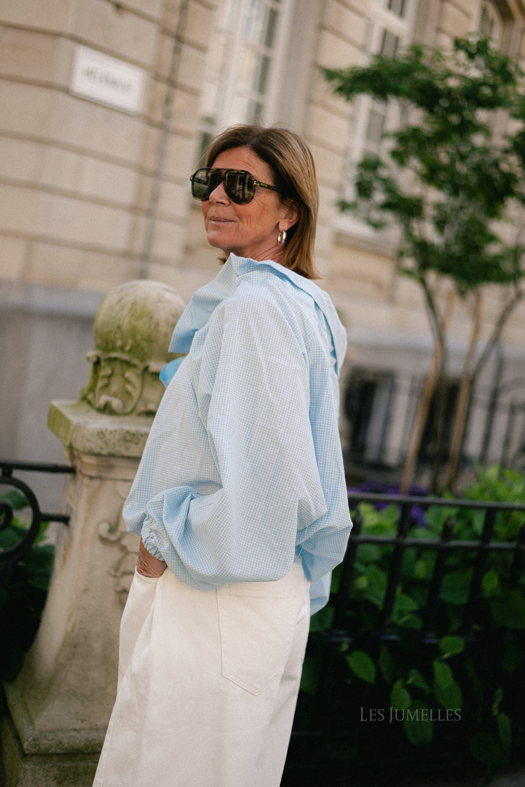 Isaline checked off shoulder blouse light blue