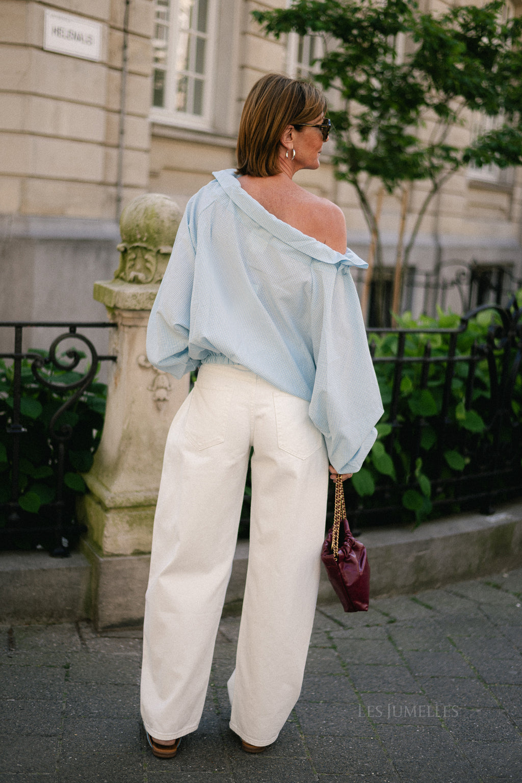 Isaline checked off shoulder blouse light blue