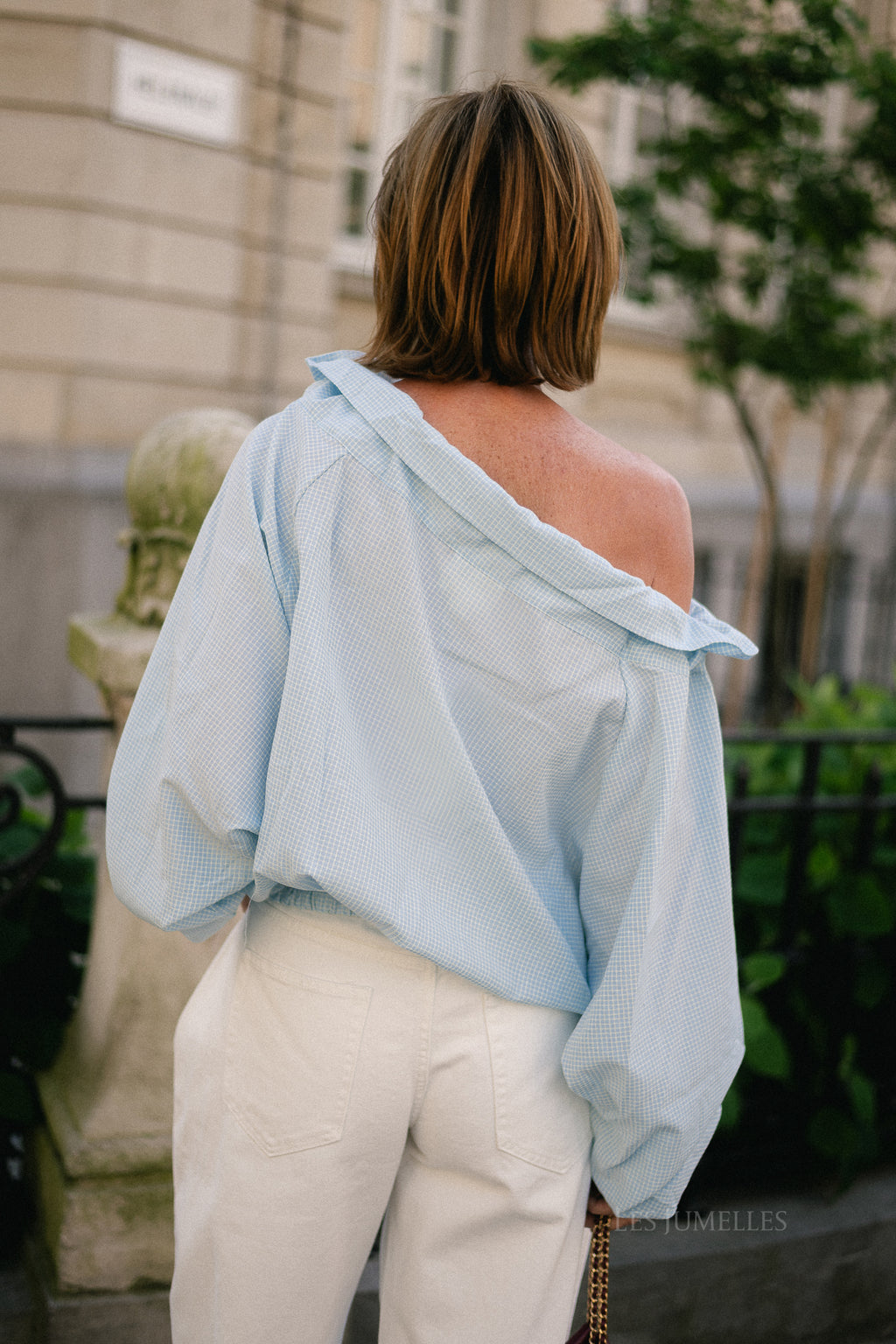 Isaline checked off shoulder blouse light blue