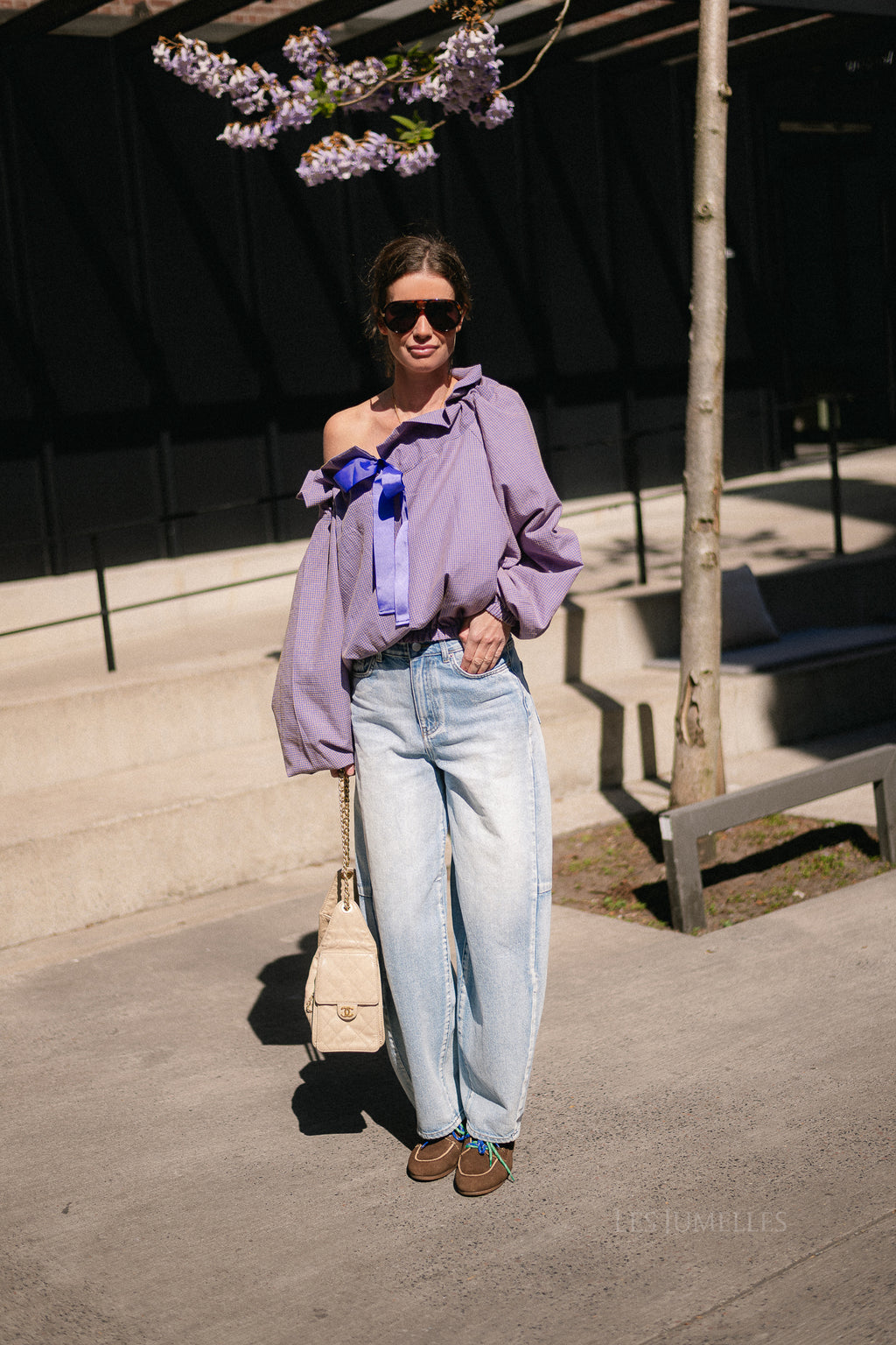 Isaline checked off shoulder blouse mauve