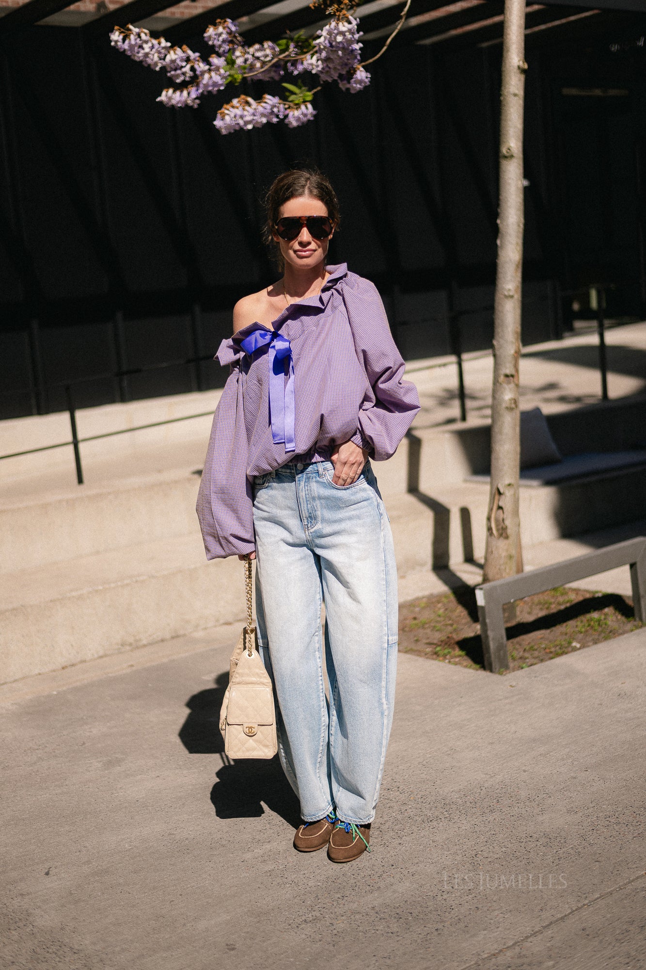 Isaline checked off shoulder blouse mauve
