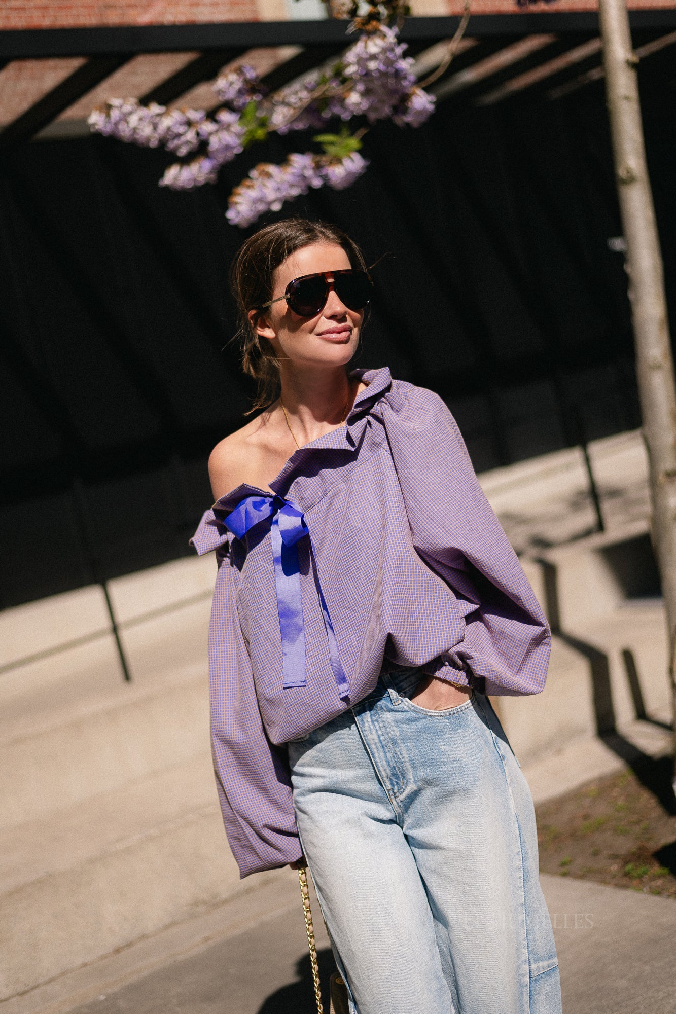 Isaline checked off shoulder blouse mauve