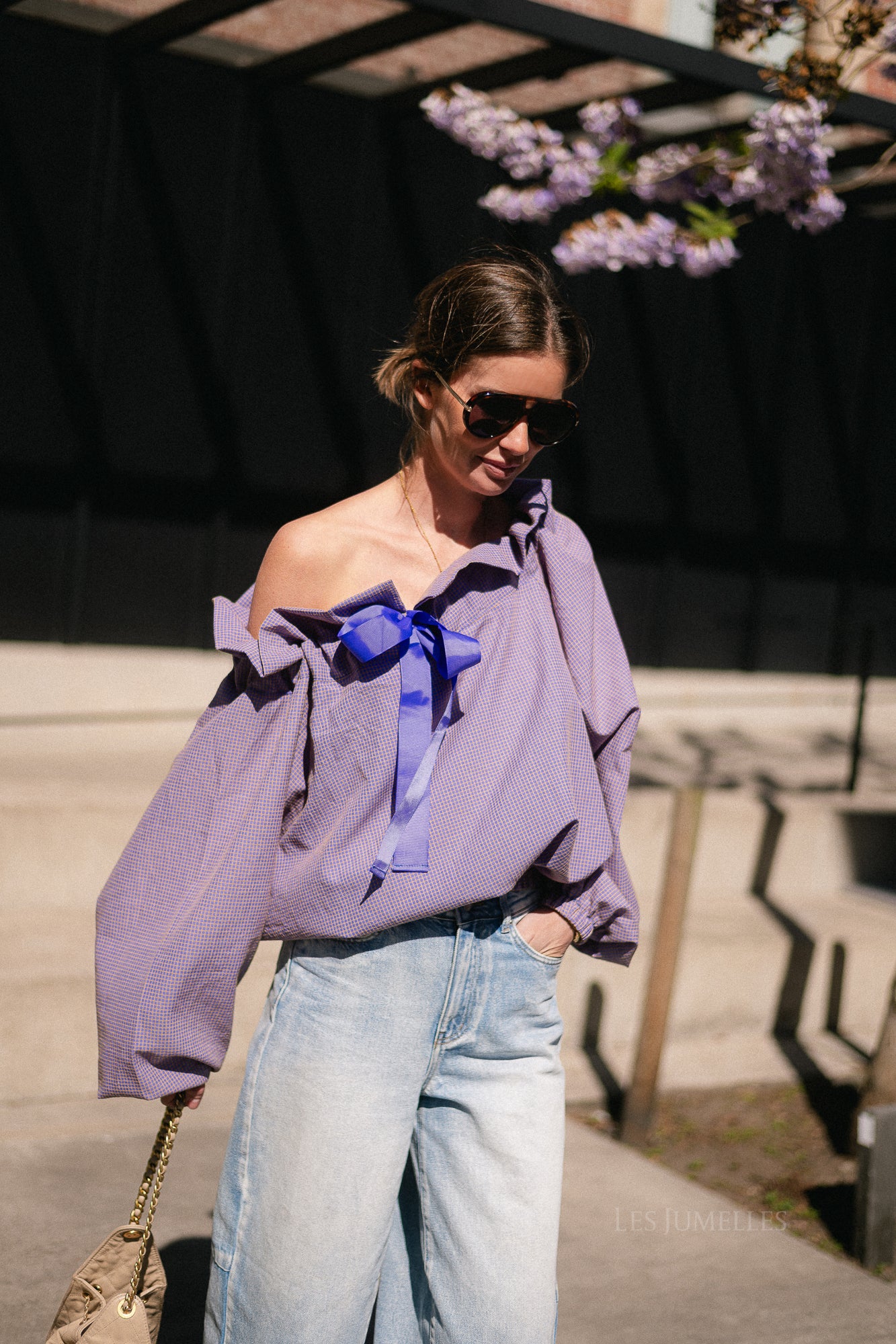Isaline checked off shoulder blouse mauve