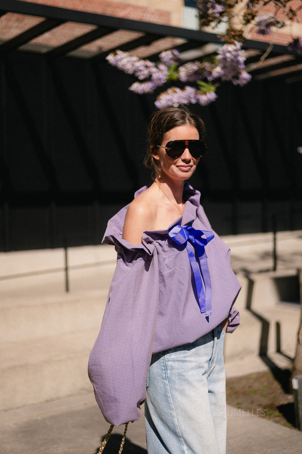 Isaline checked off shoulder blouse mauve