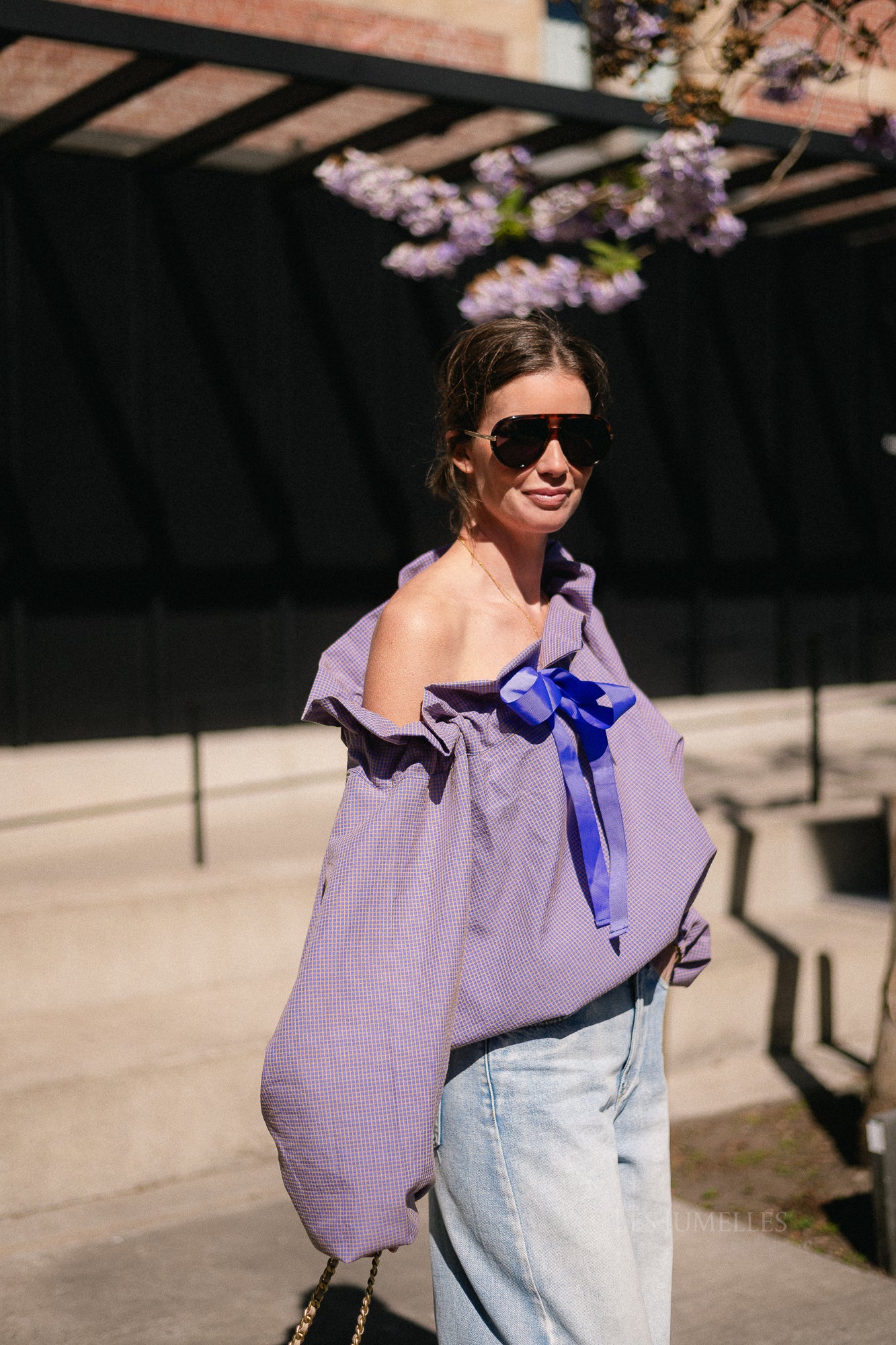 Isaline checked off shoulder blouse mauve
