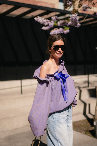 Isaline checked off shoulder blouse mauve – Les Jumelles