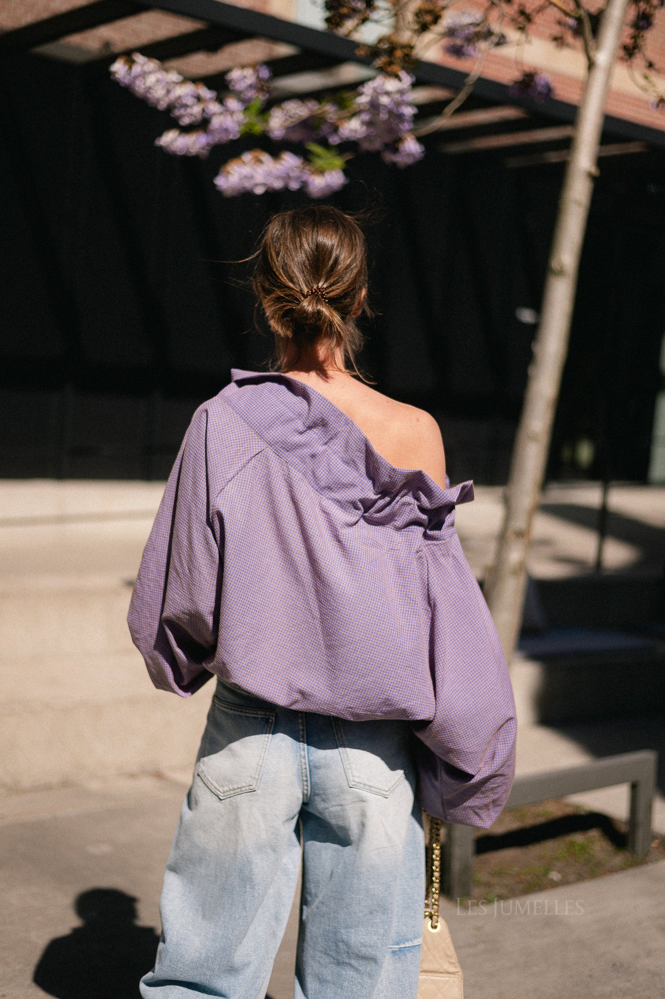 Isaline checked off shoulder blouse mauve