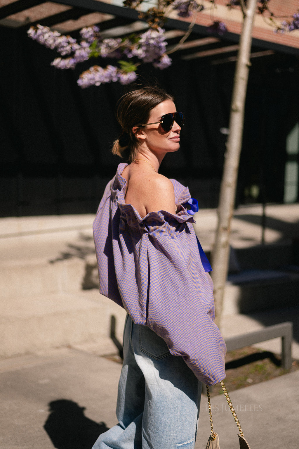 Isaline checked off shoulder blouse mauve