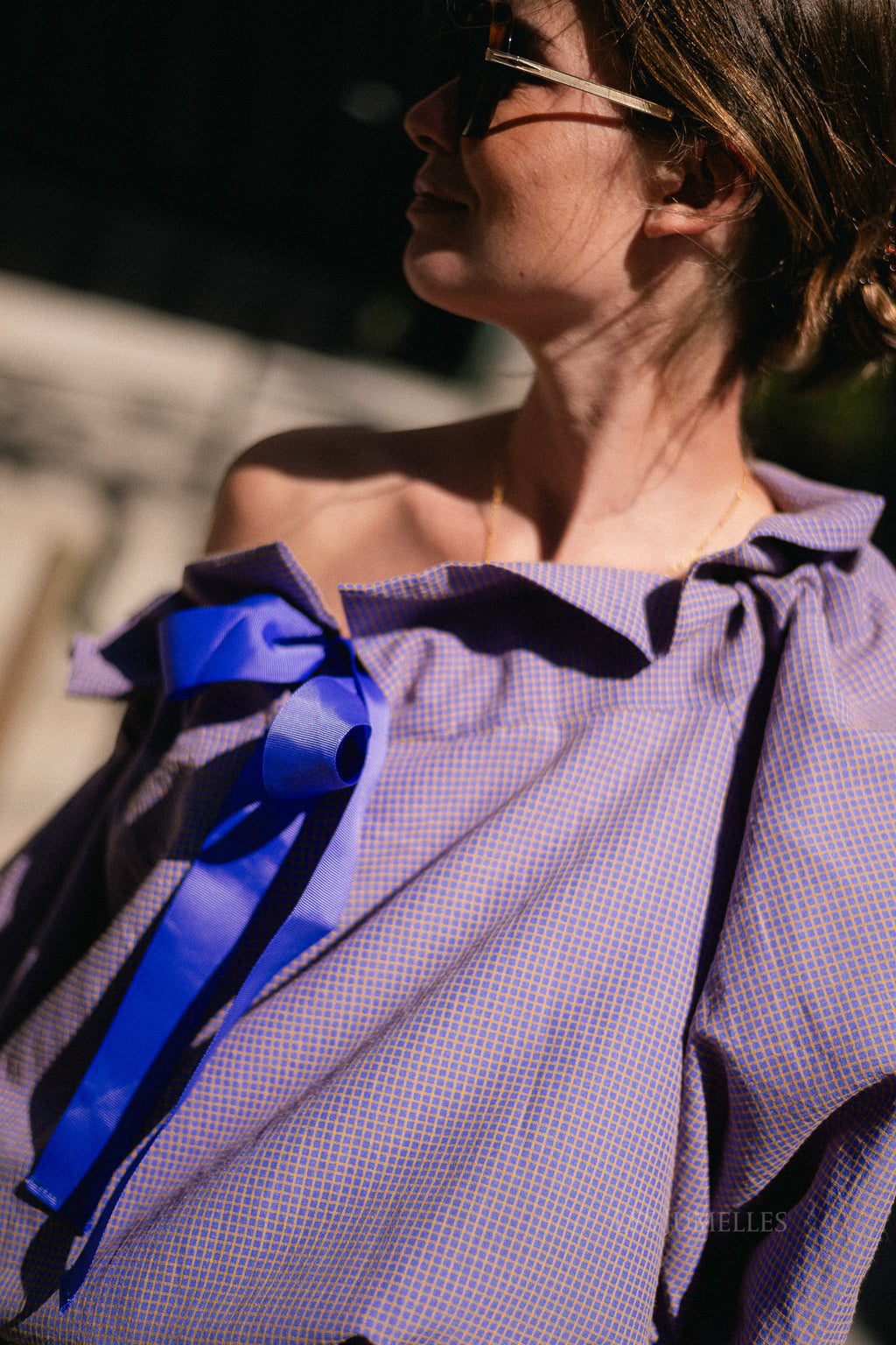 Isaline checked off shoulder blouse mauve