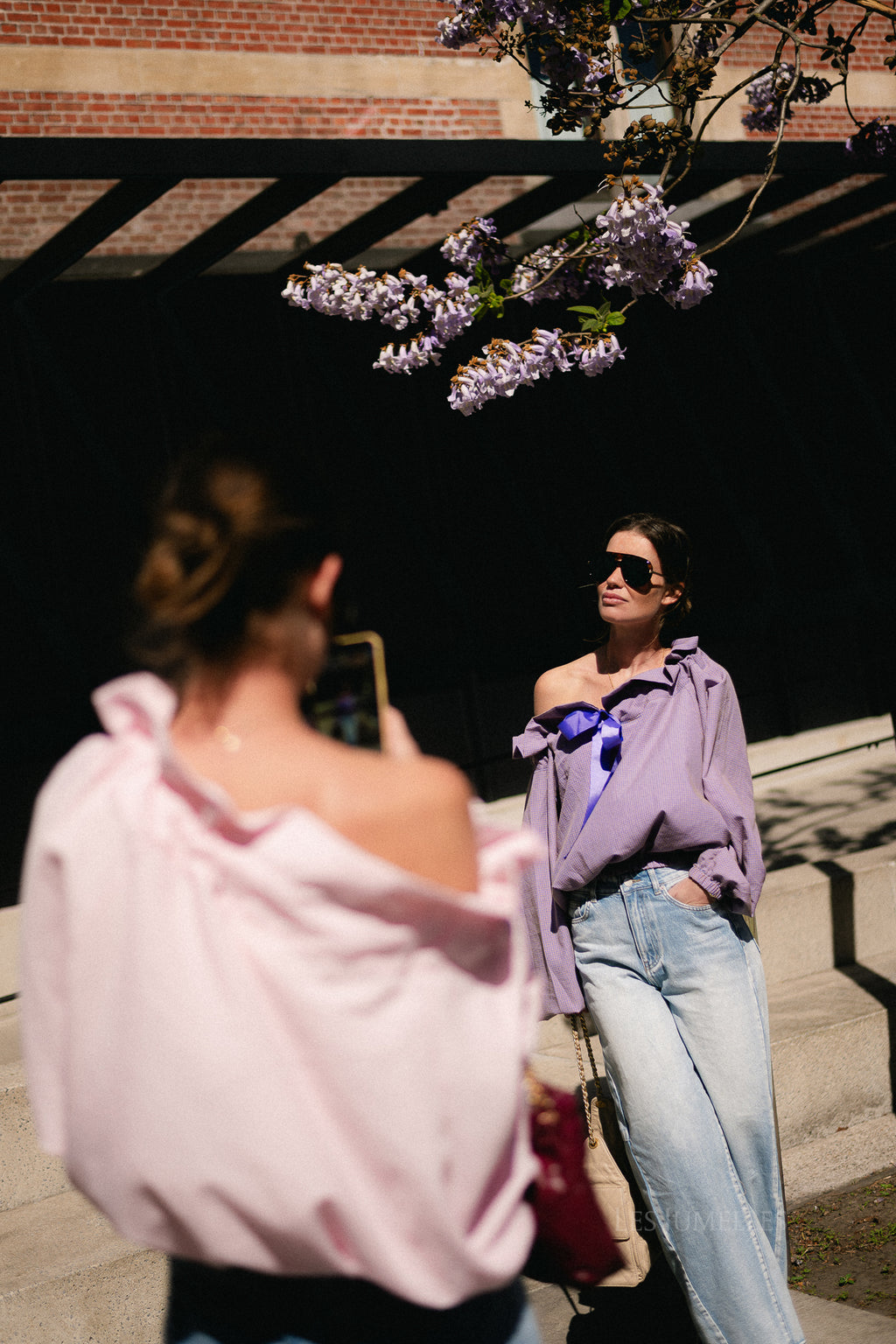 Isaline checked off shoulder blouse mauve