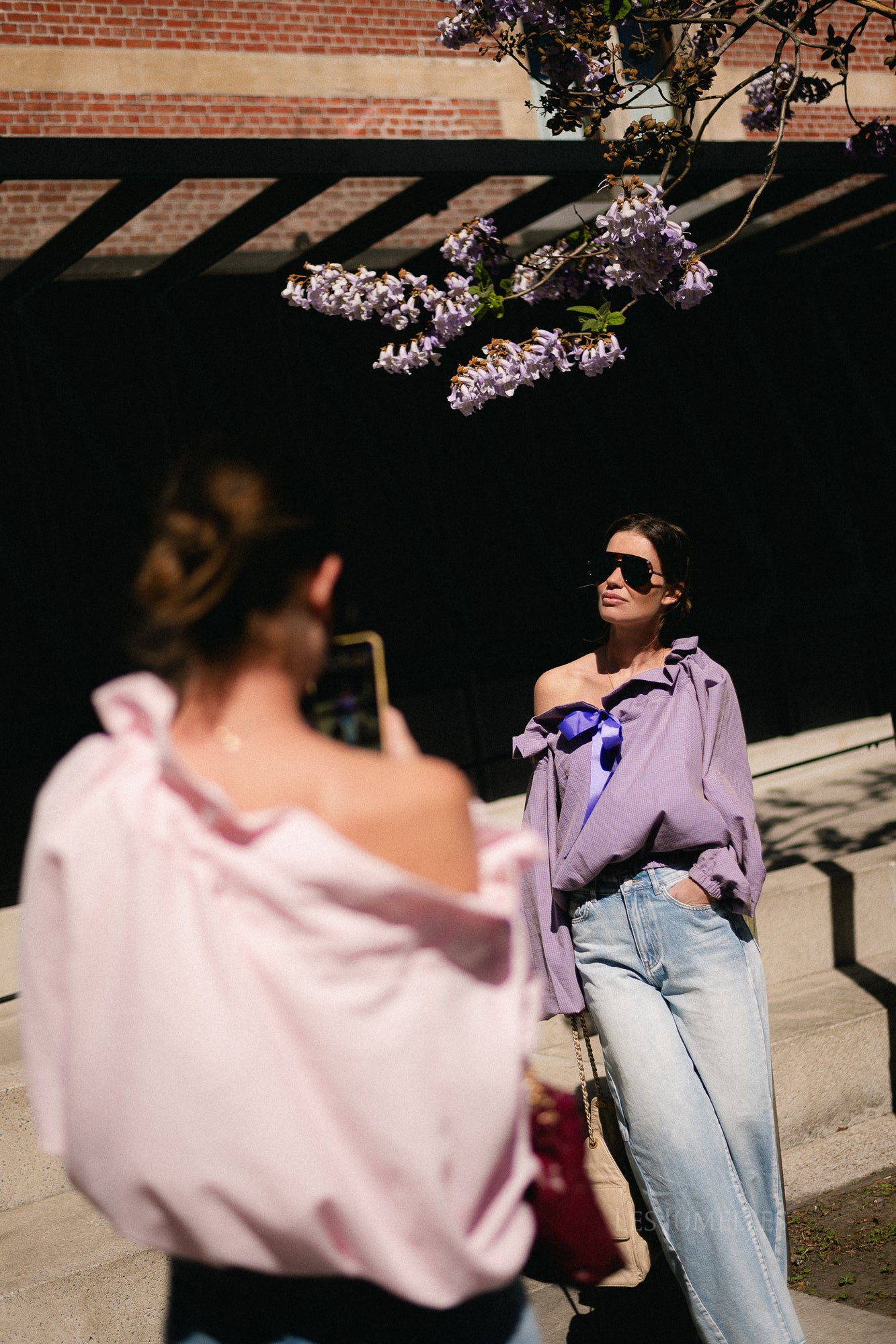 Isaline checked off shoulder blouse mauve