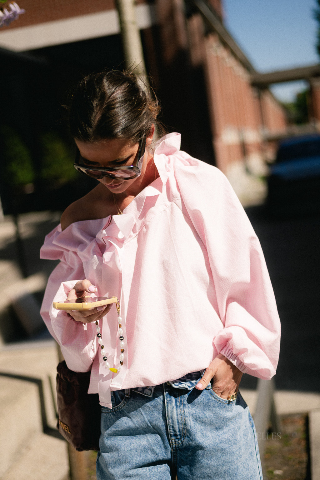 Isaline checked off shoulder blouse light pink