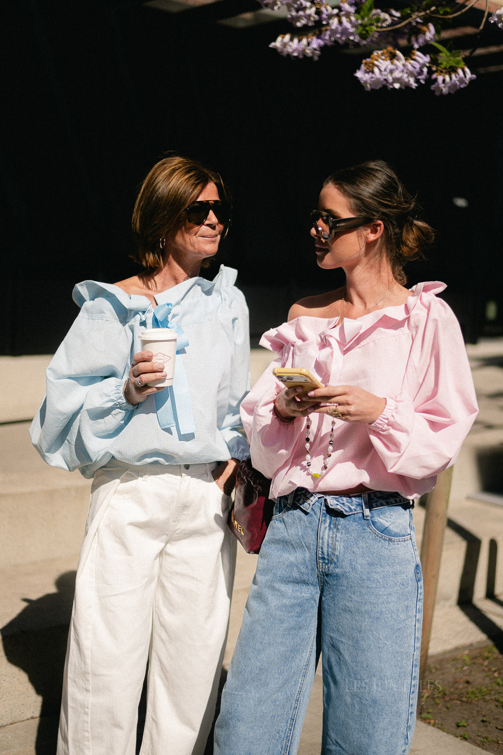 Isaline checked off shoulder blouse light pink