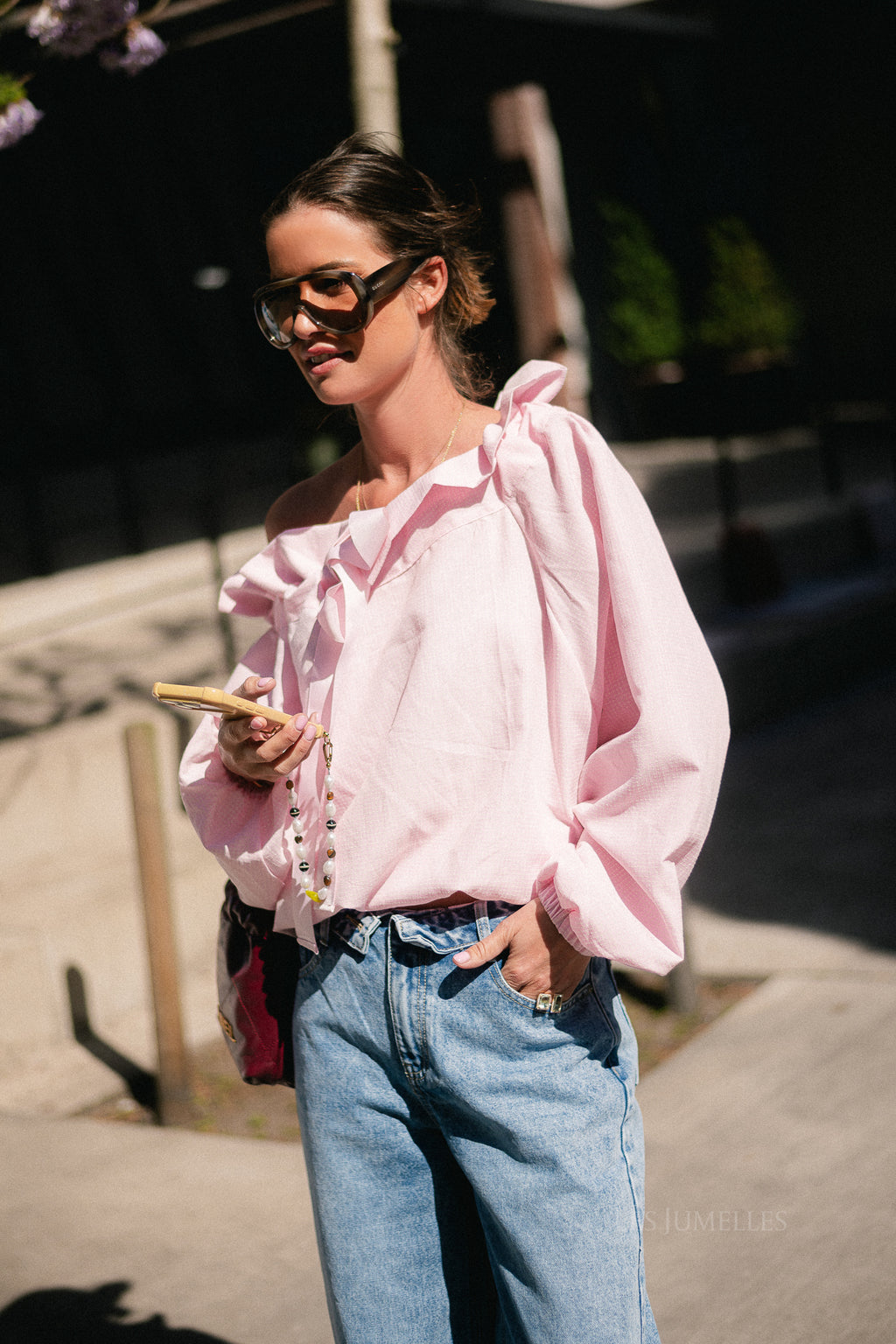 Isaline checked off shoulder blouse light pink