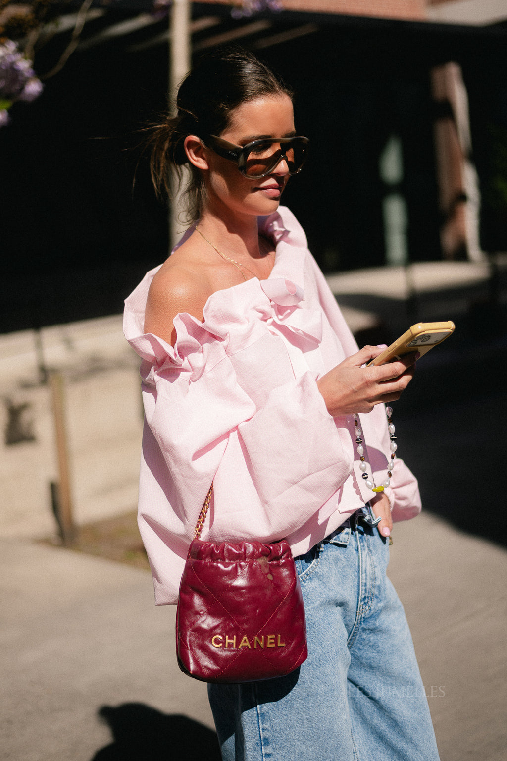 Isaline checked off shoulder blouse light pink