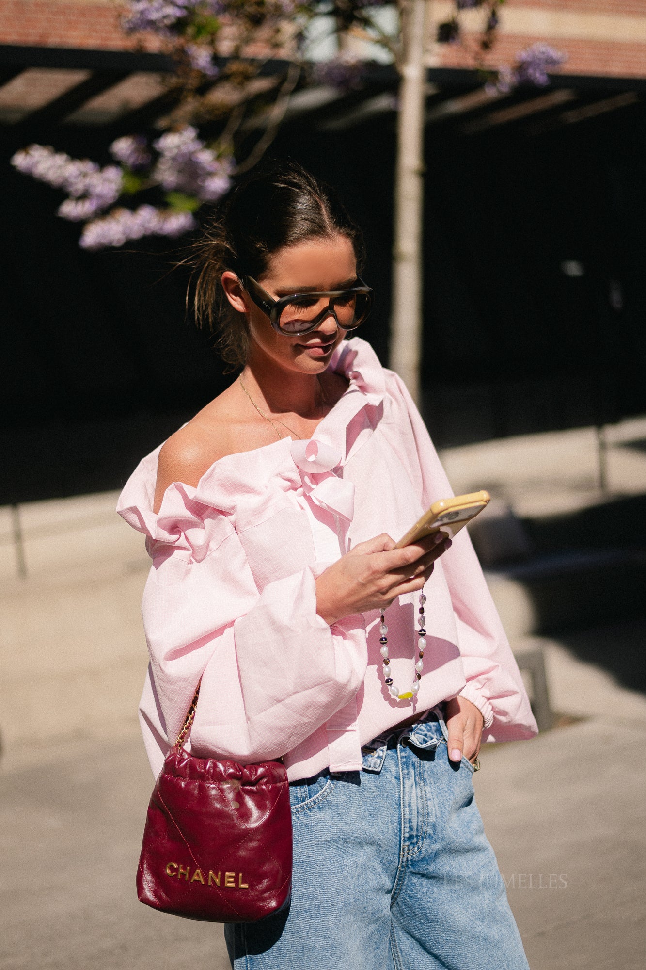 Isaline checked off shoulder blouse light pink