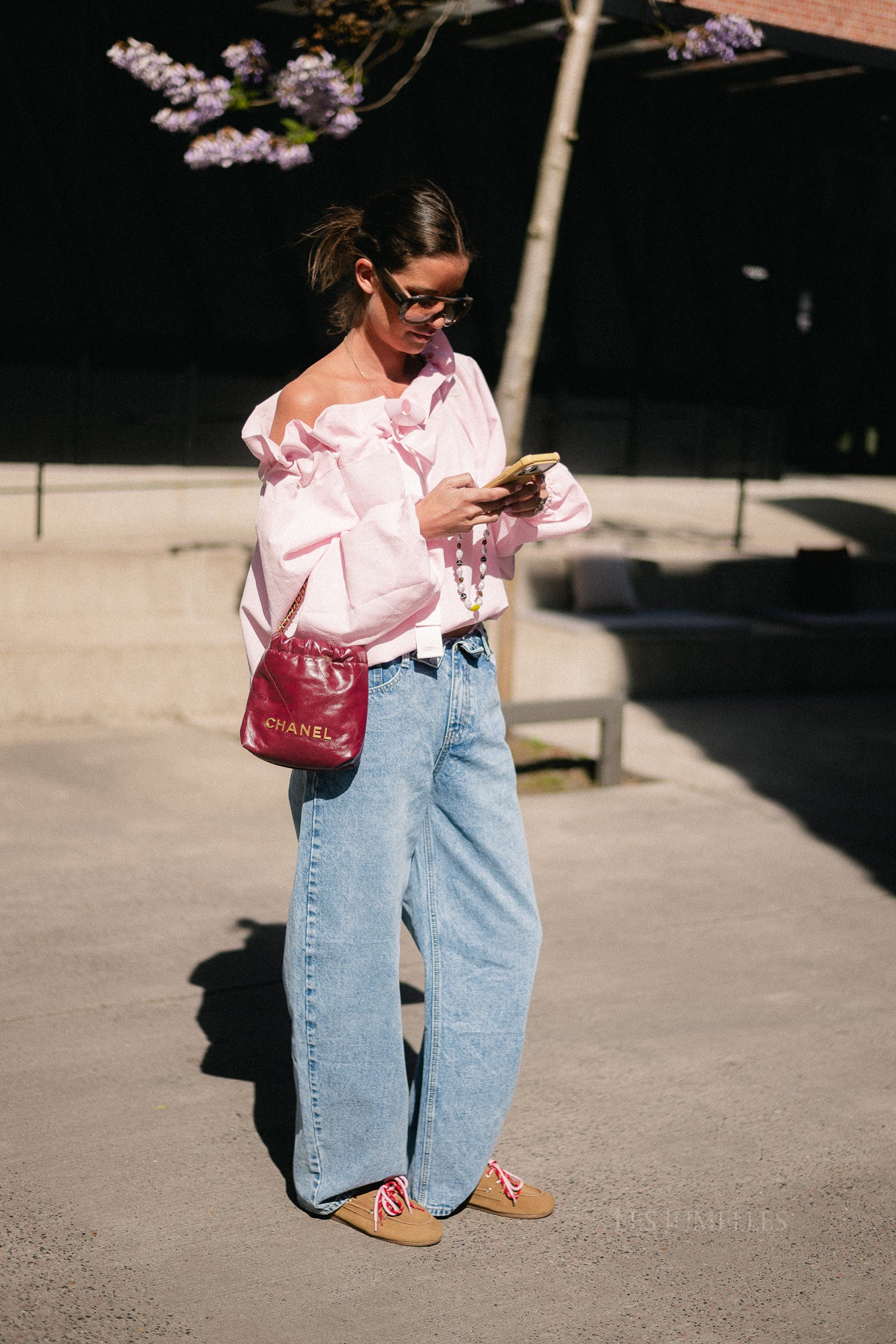 Isaline checked off shoulder blouse light pink