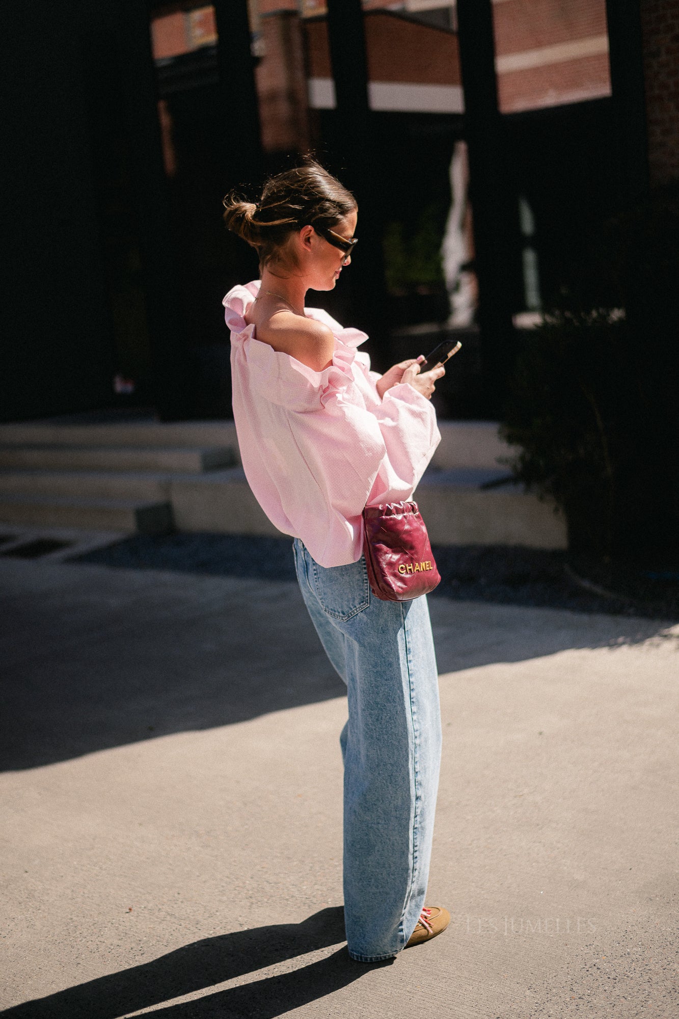 Isaline checked off shoulder blouse light pink