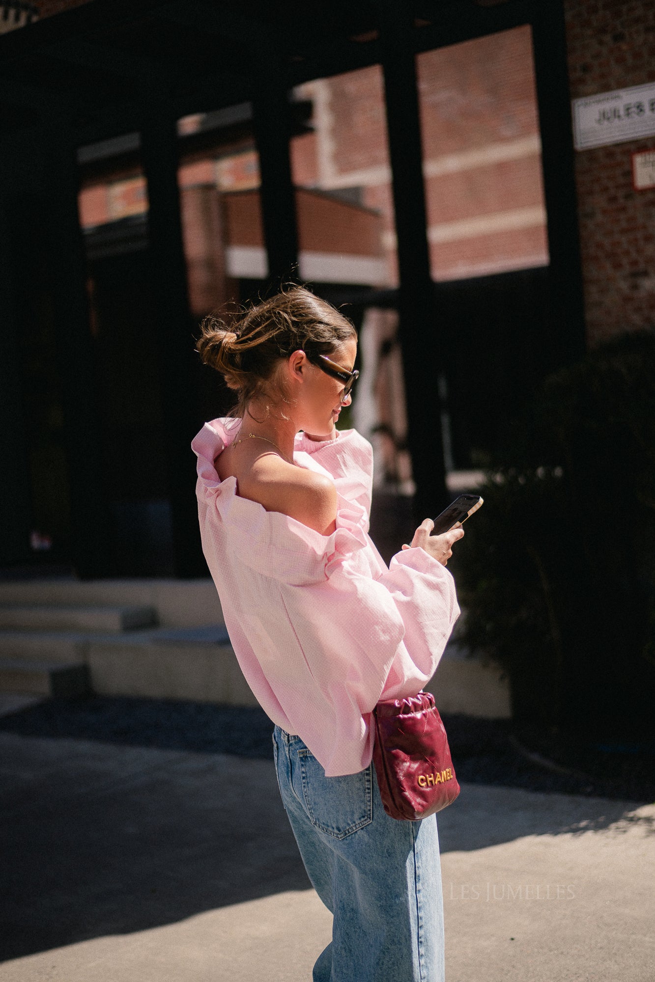 Isaline checked off shoulder blouse light pink