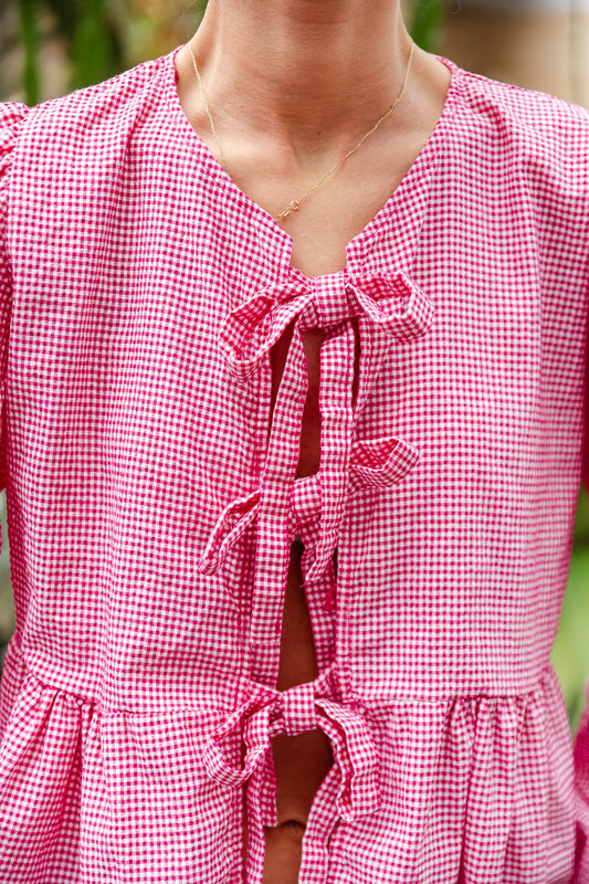 Les Jumelles Louise peplum tie blouse raspberry