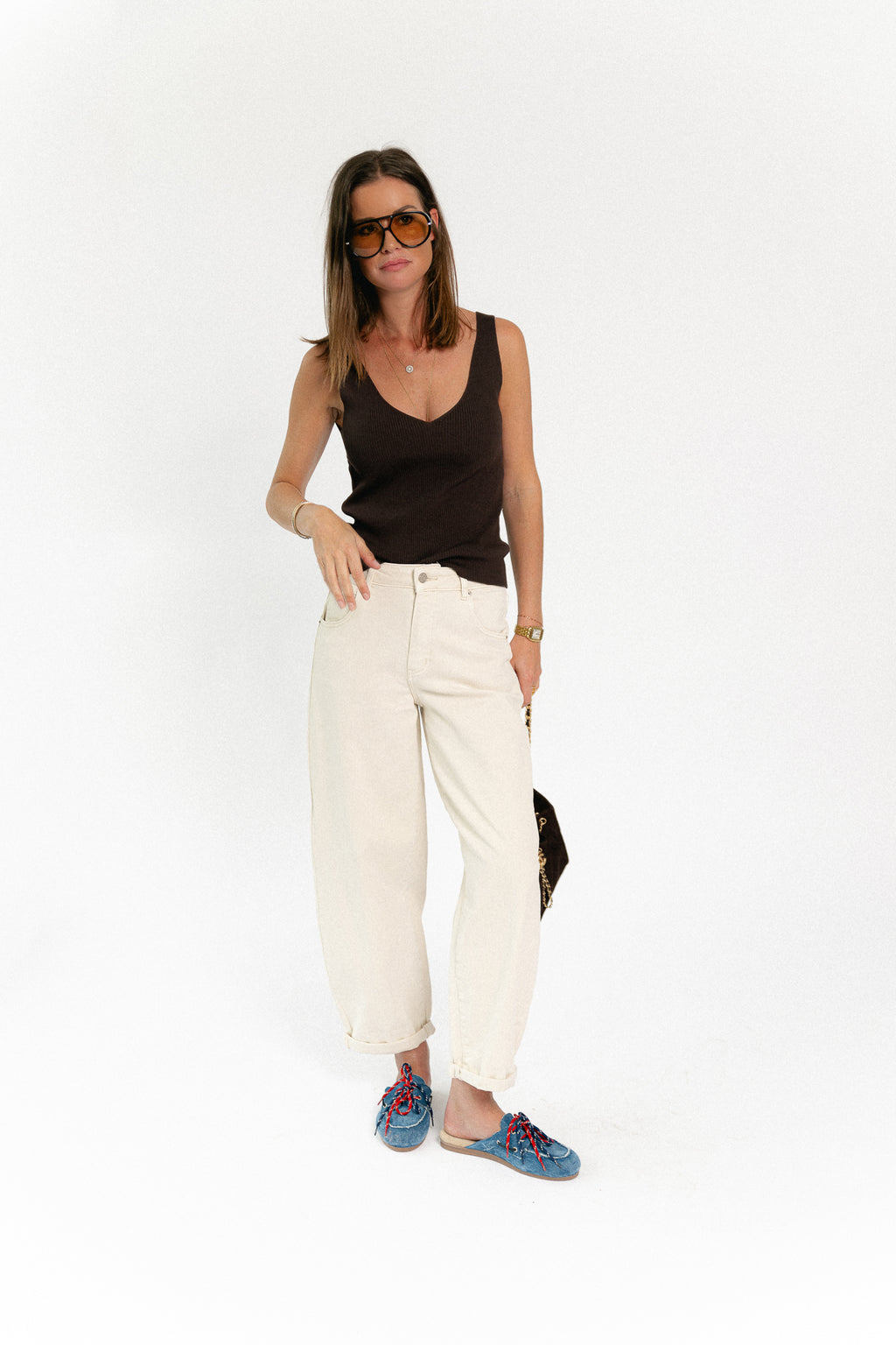 OBJKuni Thess SL singlet knit top seal brown