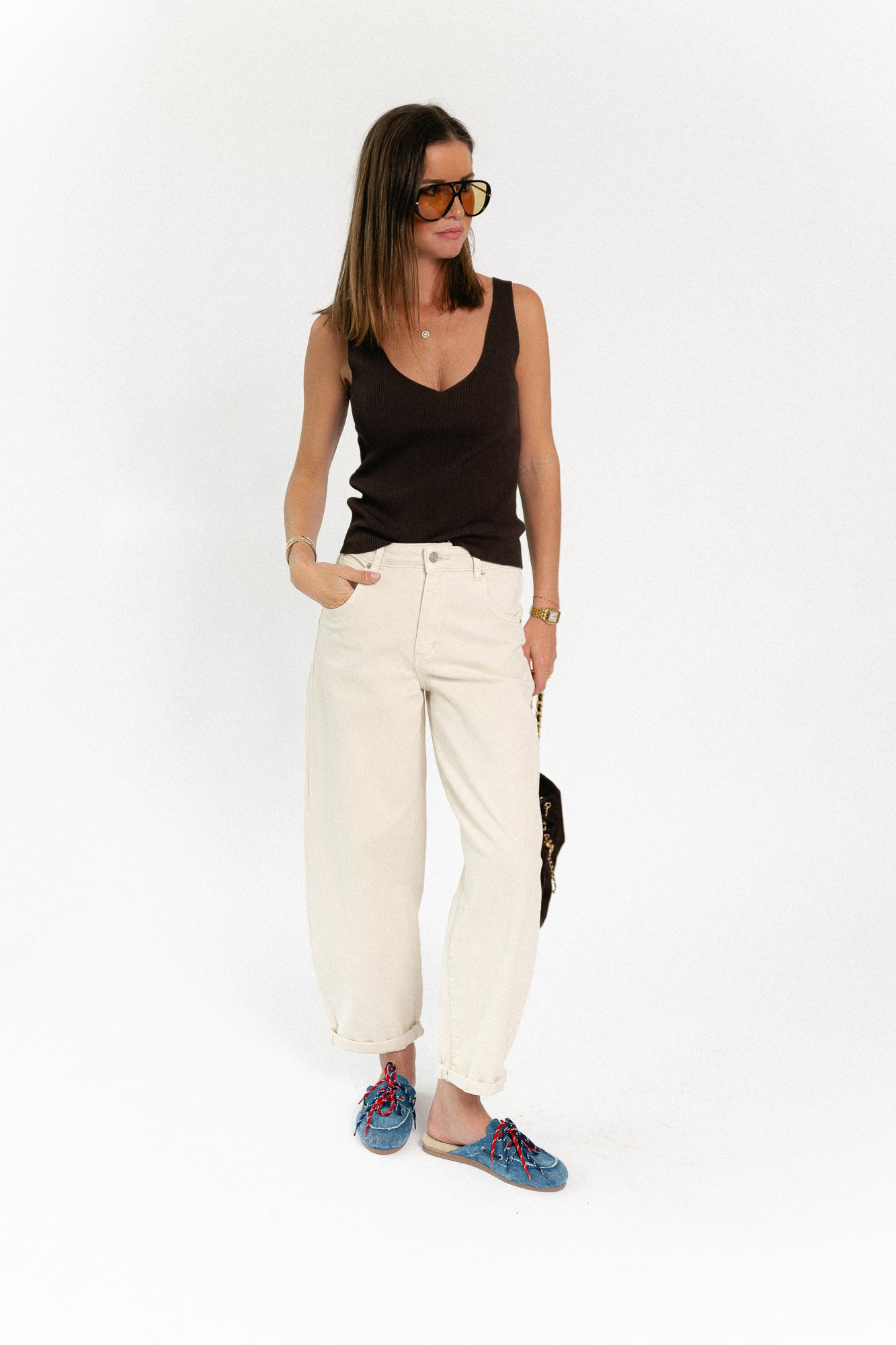 OBJKuni Thess SL singlet knit top seal brown