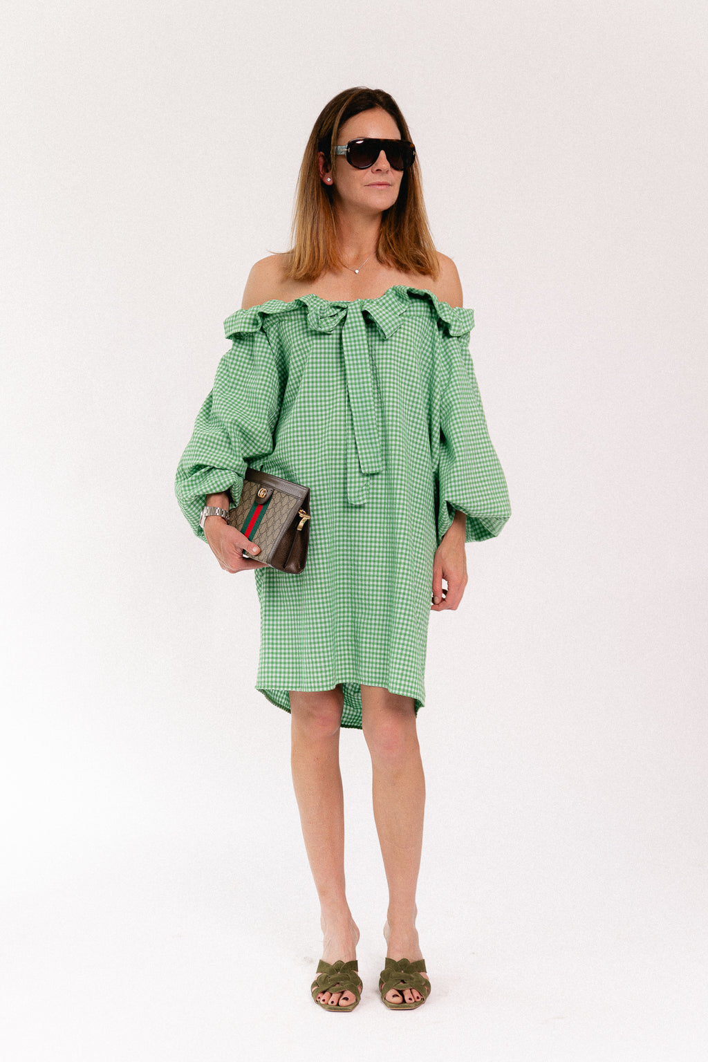 Lisa vichy off-shoulder dress green