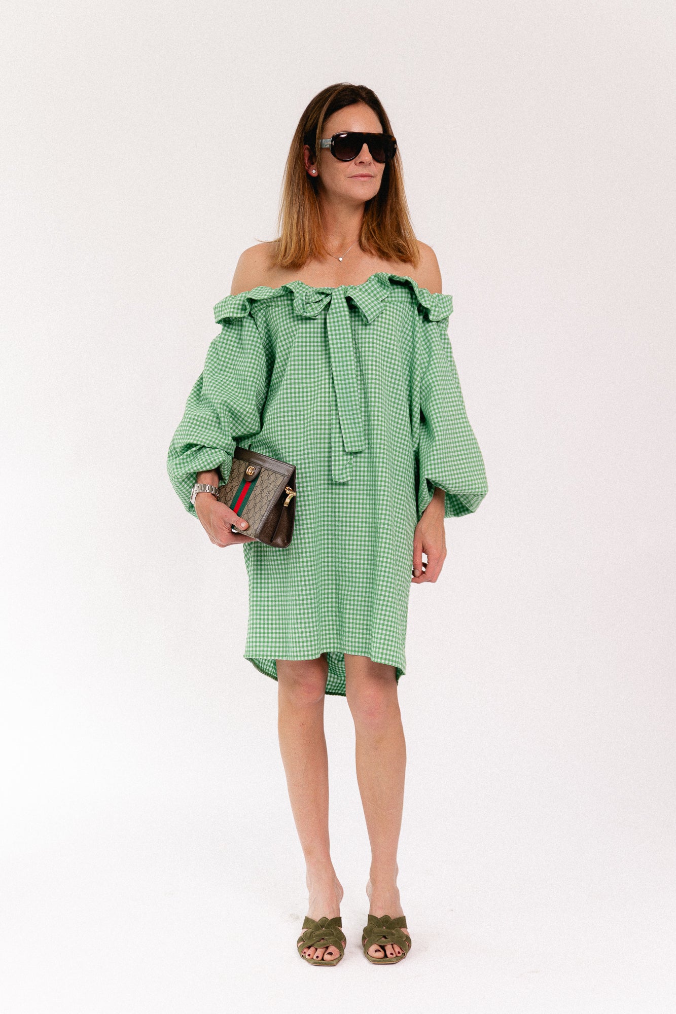 Lisa vichy off-shoulder dress green