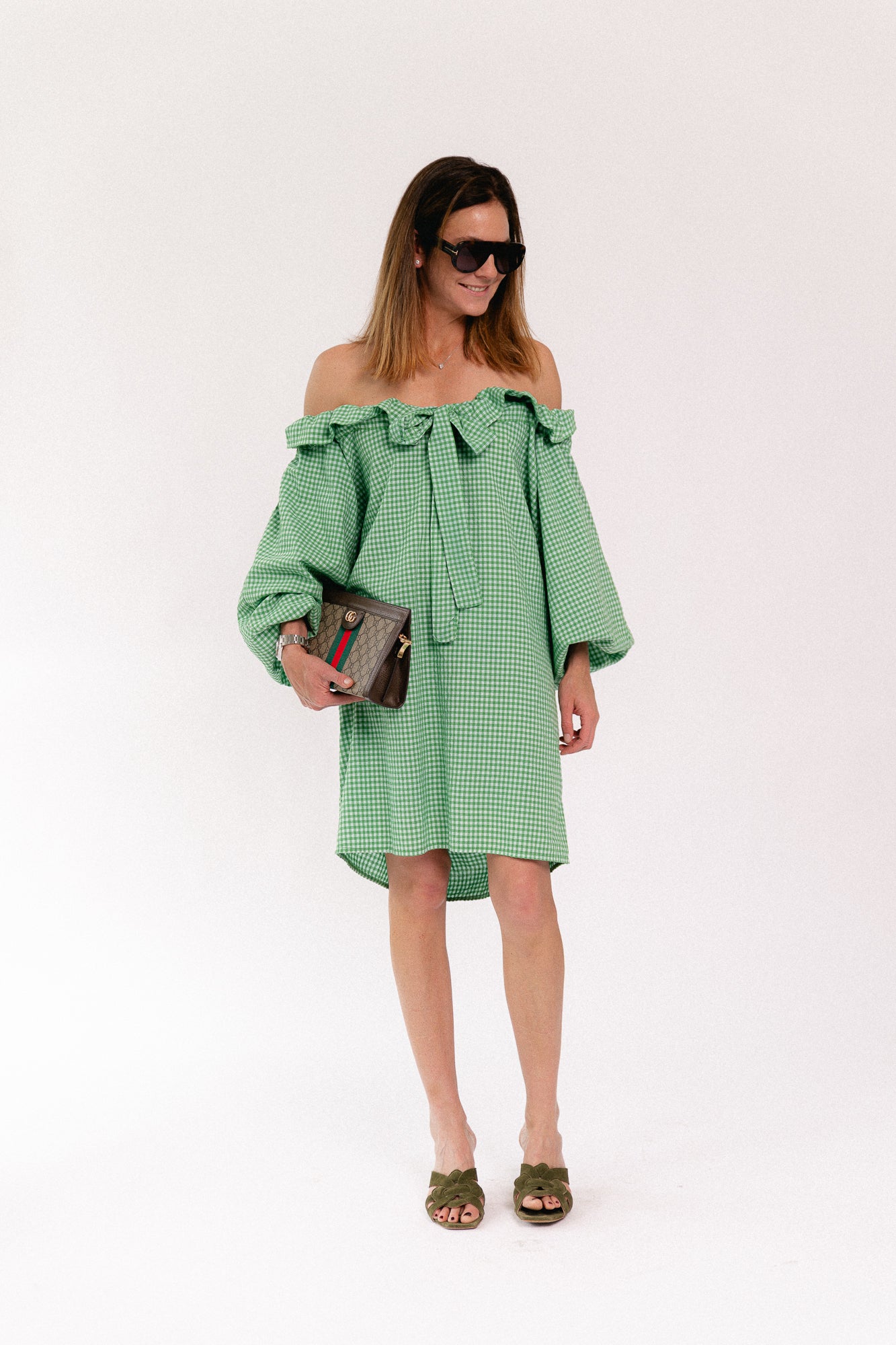 Lisa vichy off-shoulder dress green