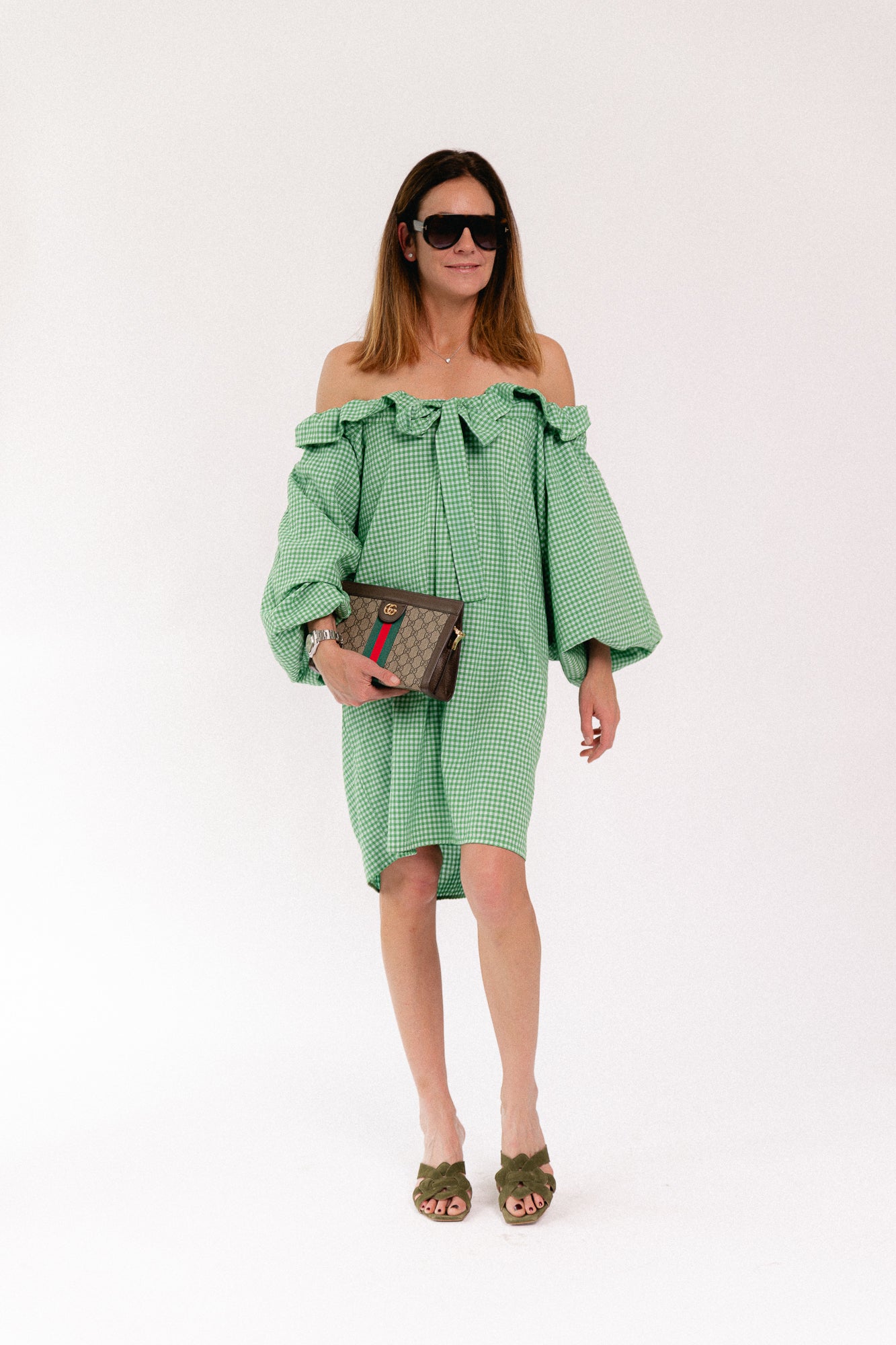 Lisa vichy off-shoulder dress green