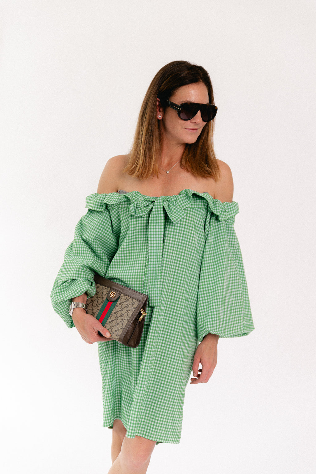 Lisa vichy off-shoulder dress green