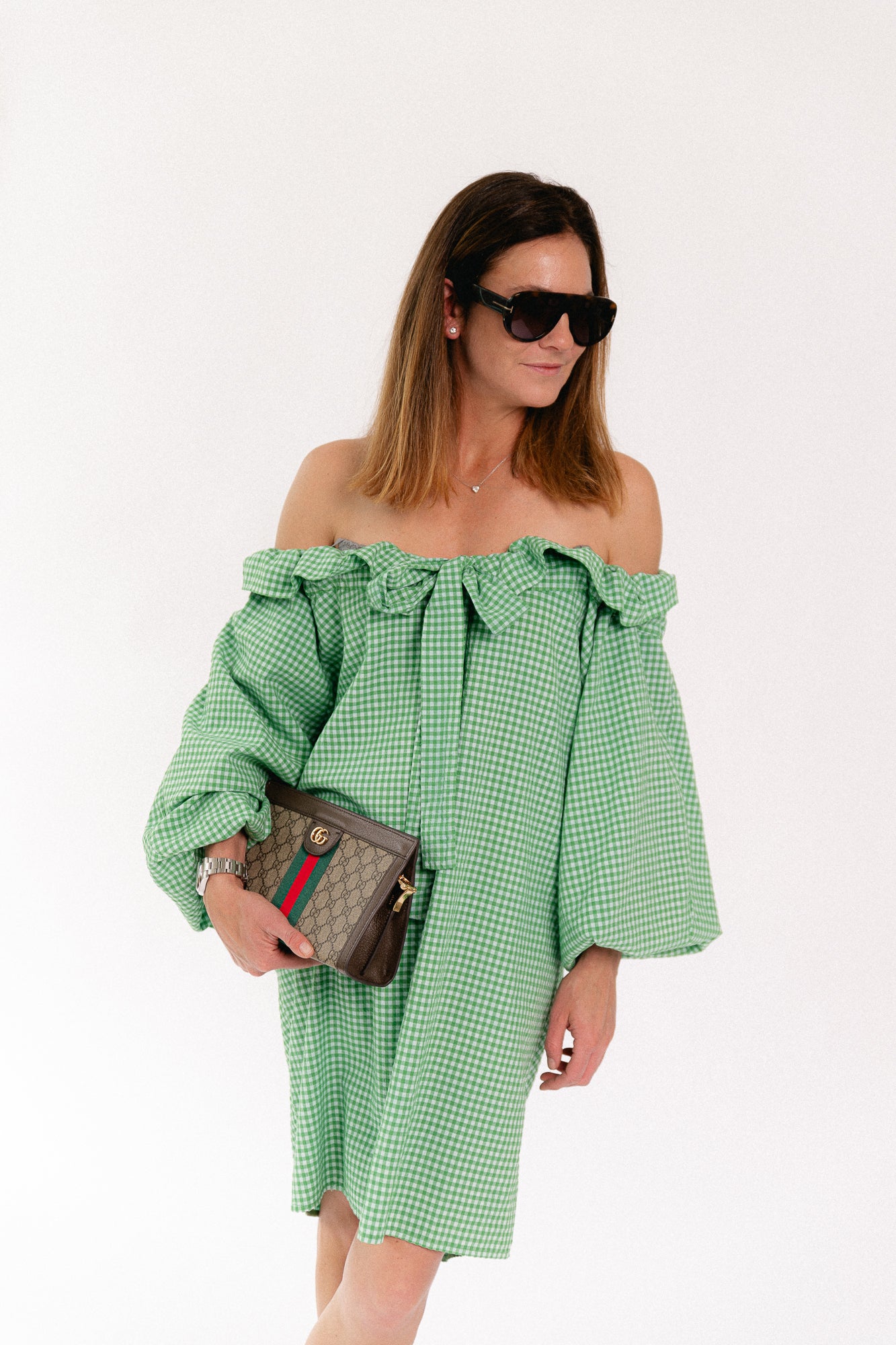 Lisa vichy off-shoulder dress green
