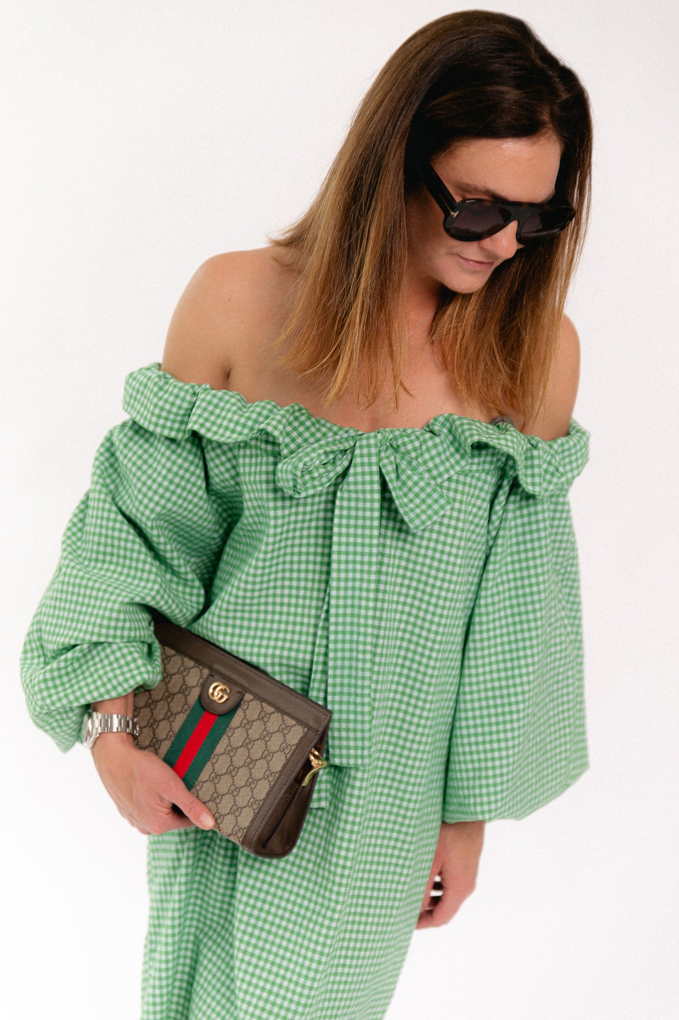 Lisa vichy off-shoulder dress green