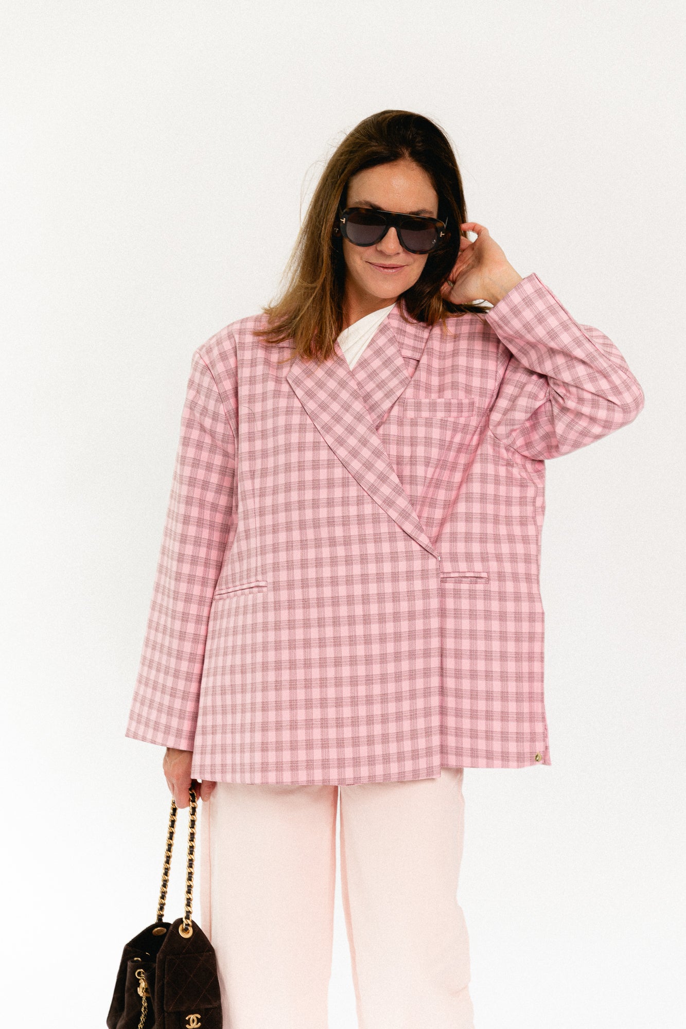 Chloe oversized signature check blazer pink/black