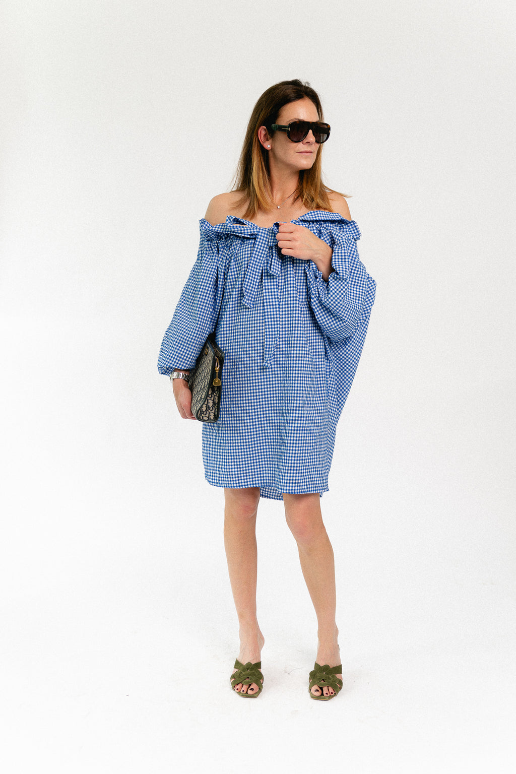 Lisa vichy off-shoulder dress blue