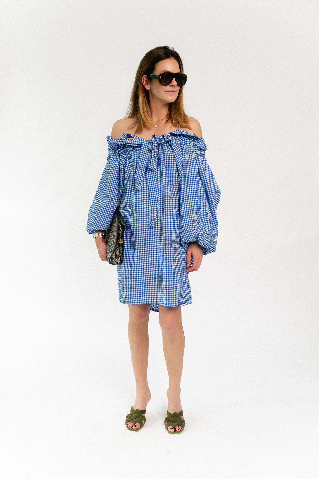 Lisa vichy off-shoulder dress blue