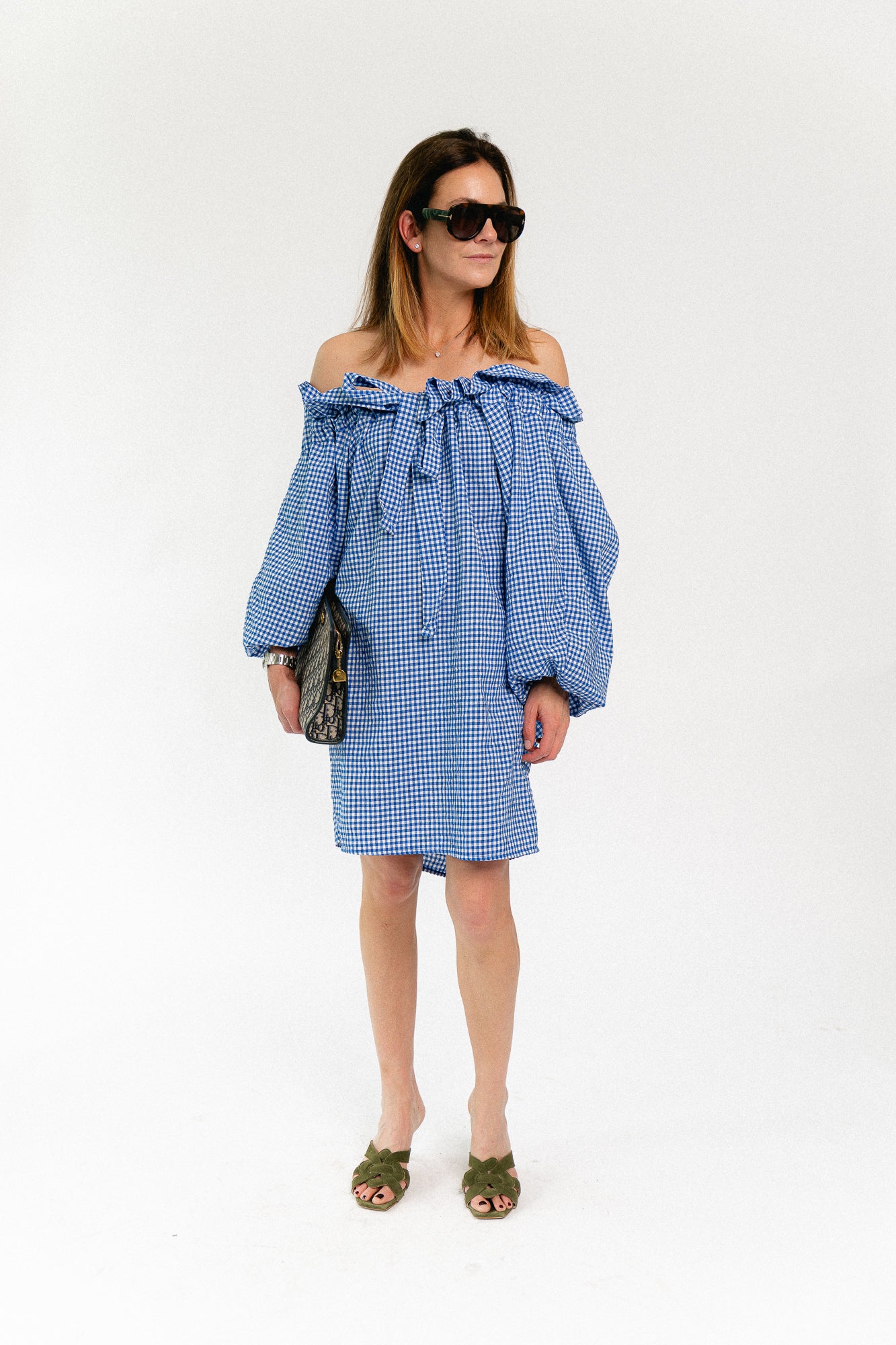 Lisa vichy off-shoulder dress blue