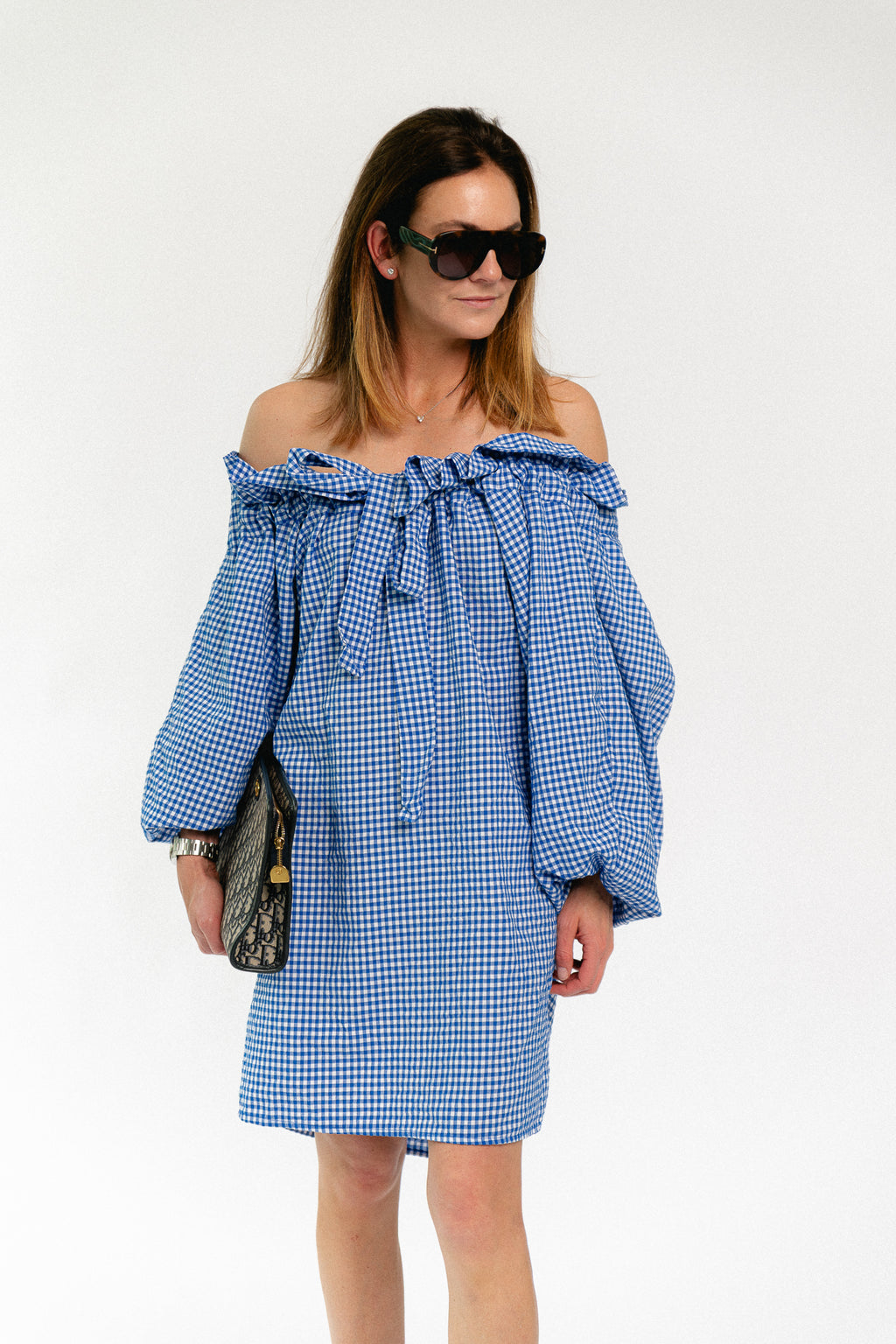Lisa vichy off-shoulder dress blue