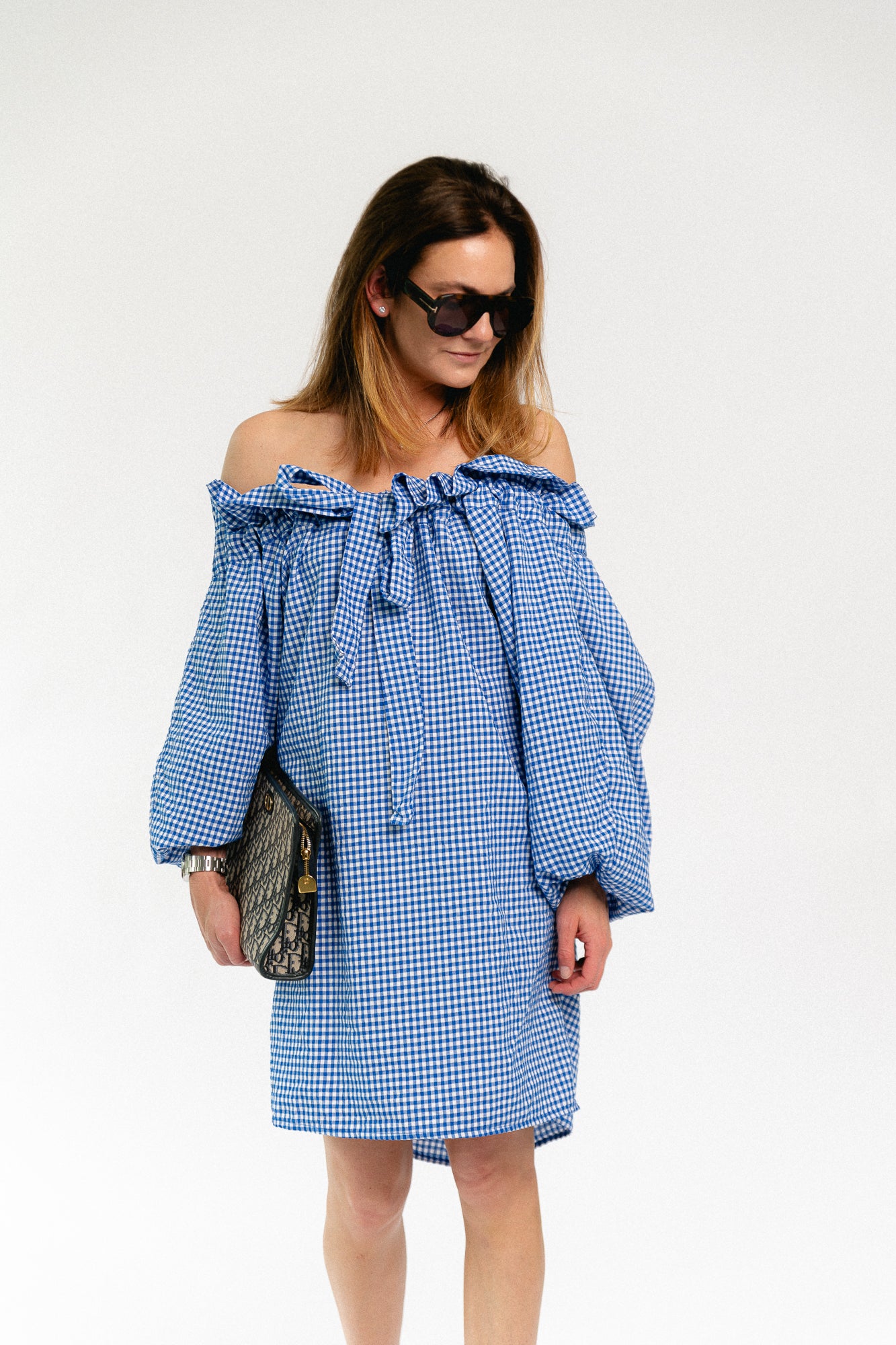 Lisa vichy off-shoulder dress blue