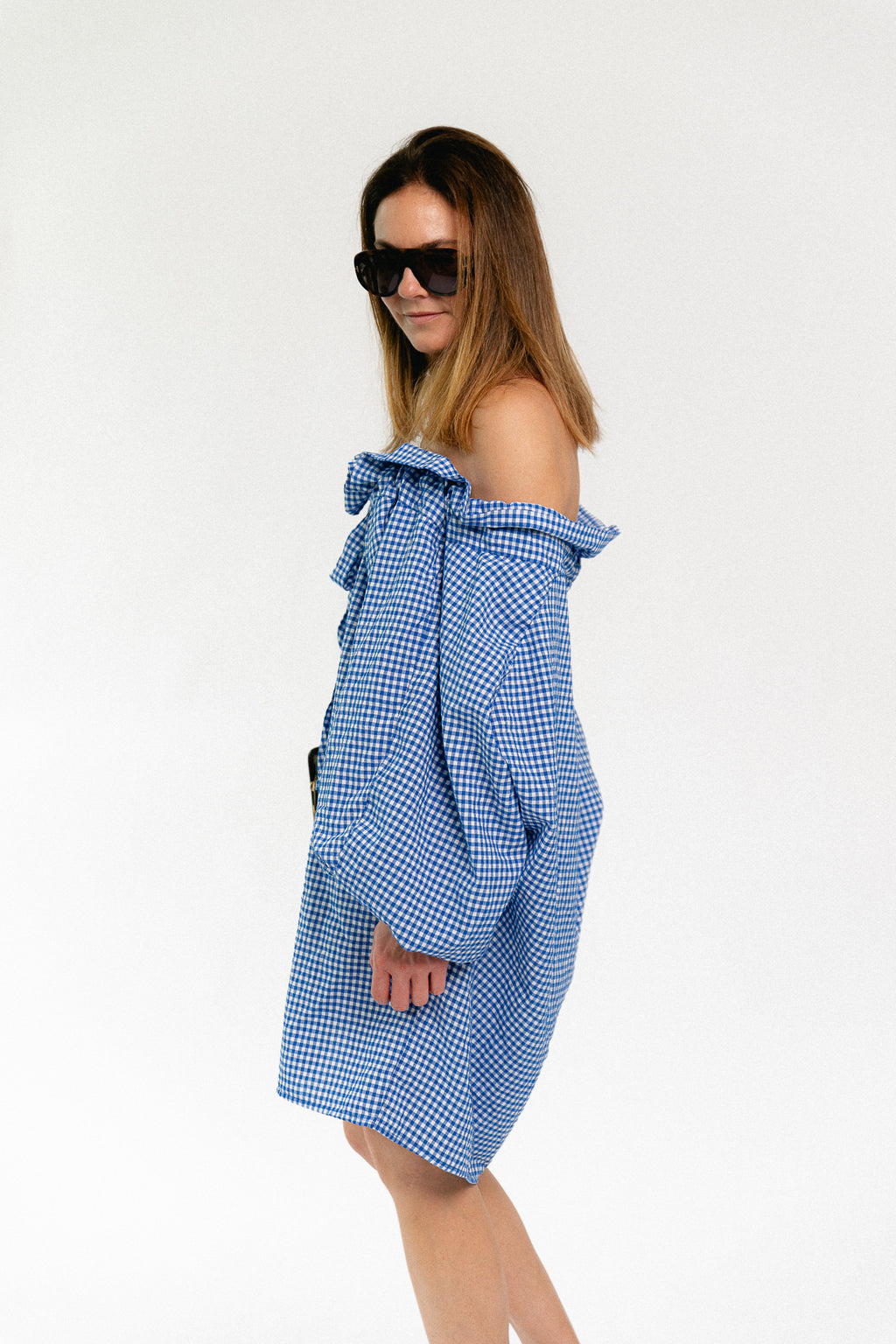Lisa vichy off-shoulder dress blue