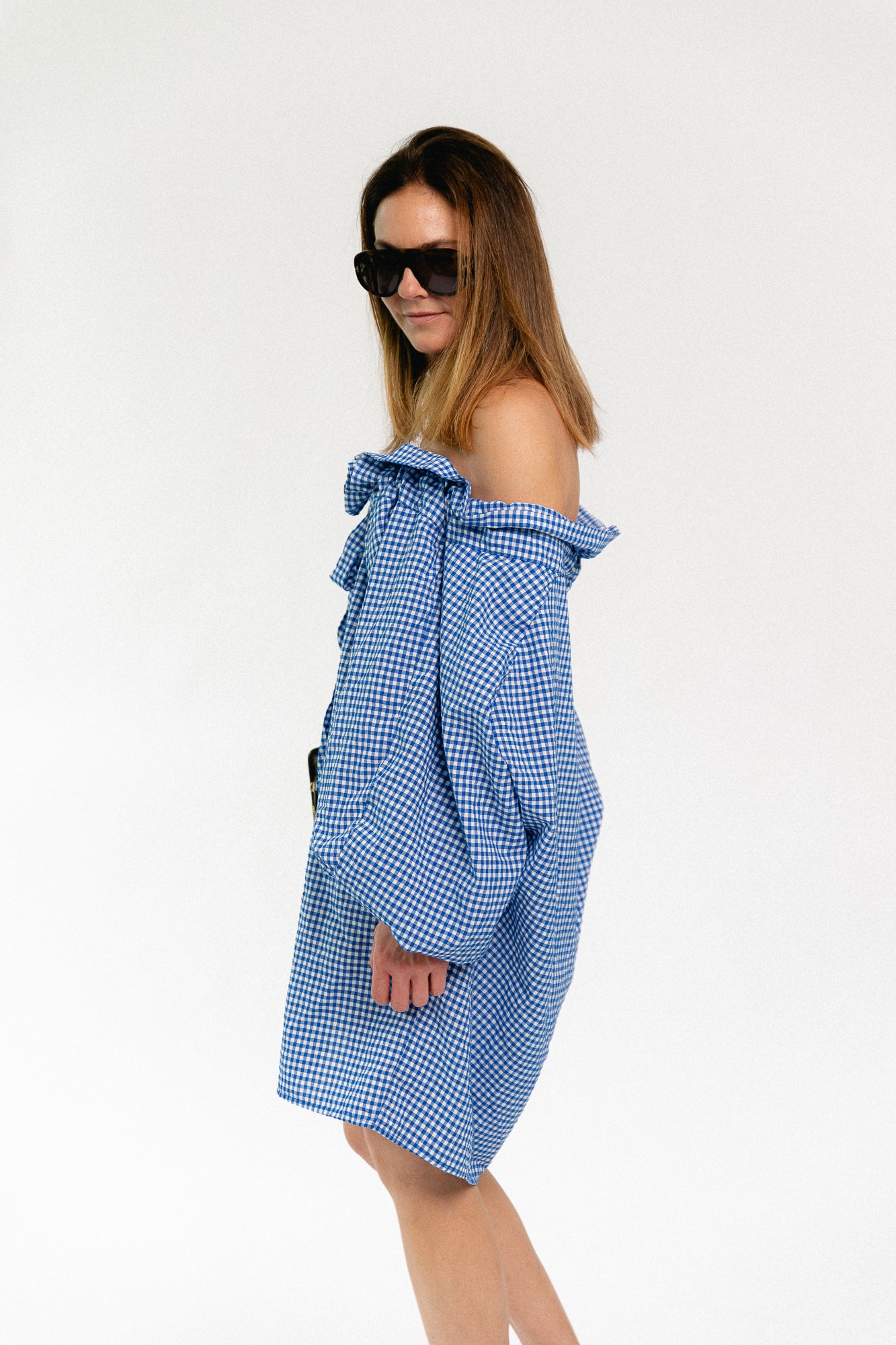 Lisa vichy off-shoulder dress blue