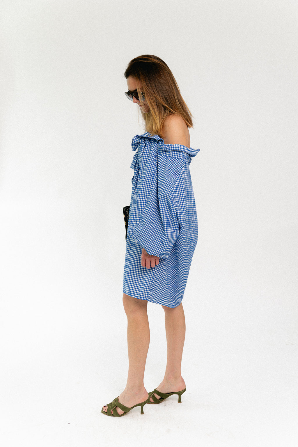 Lisa vichy off-shoulder dress blue