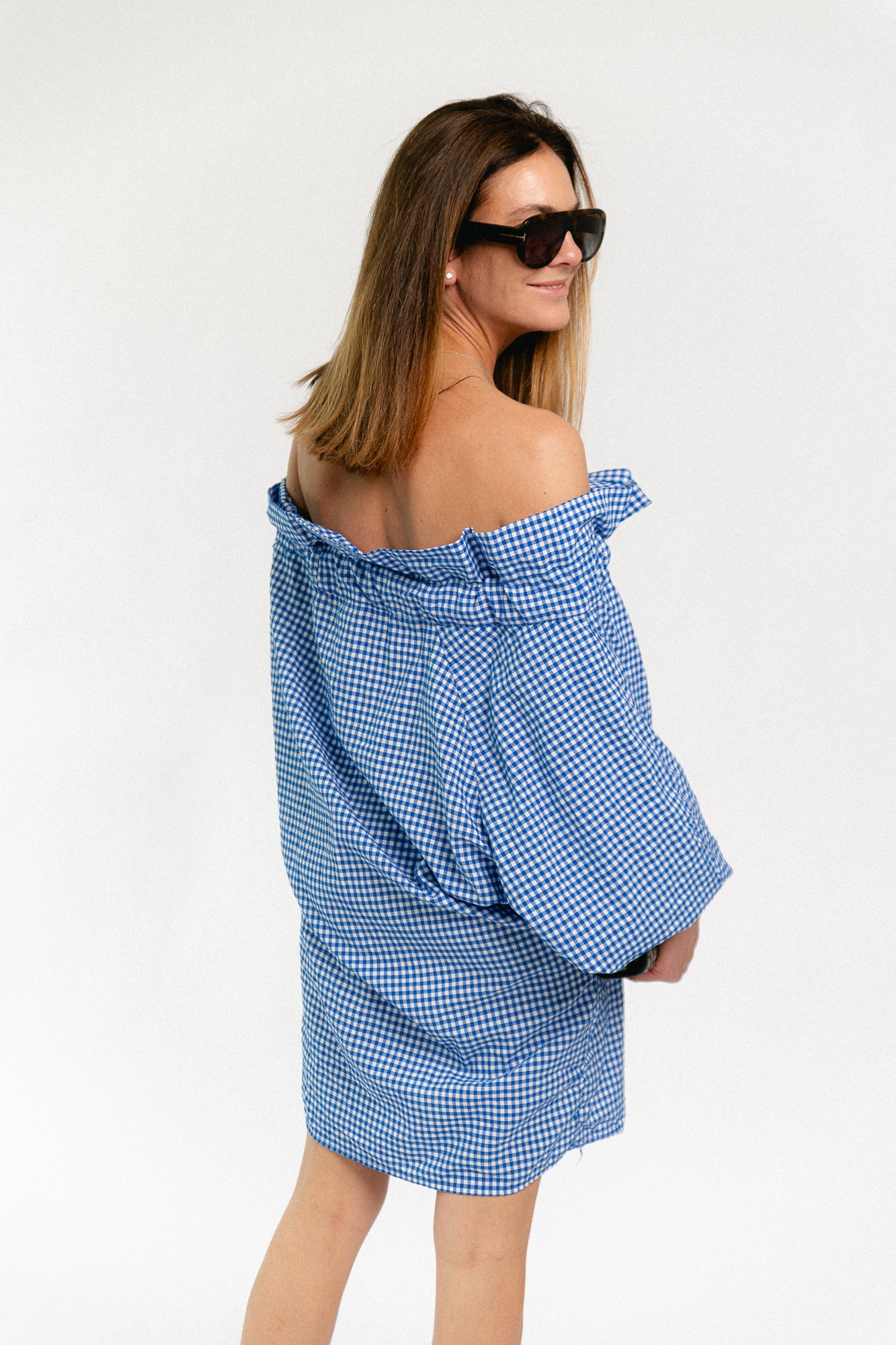 Lisa vichy off-shoulder dress blue