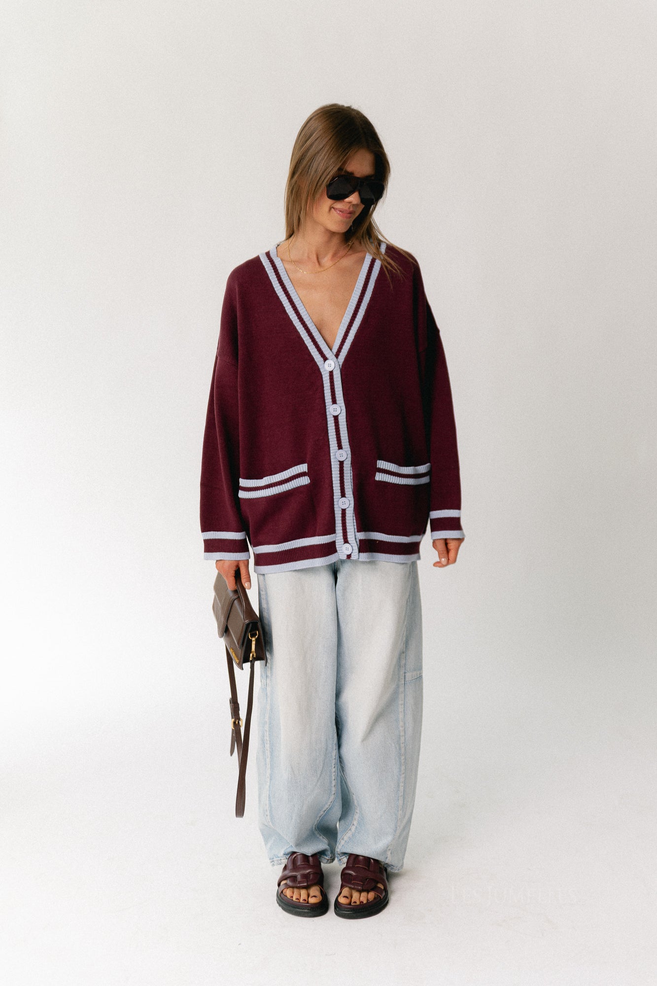 Sage cardigan burgundy/baby blue
