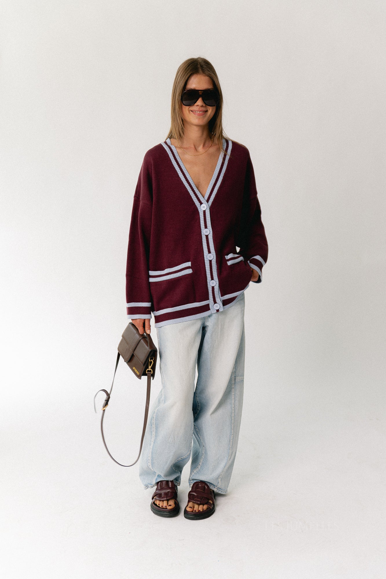 Sage cardigan burgundy/baby blue