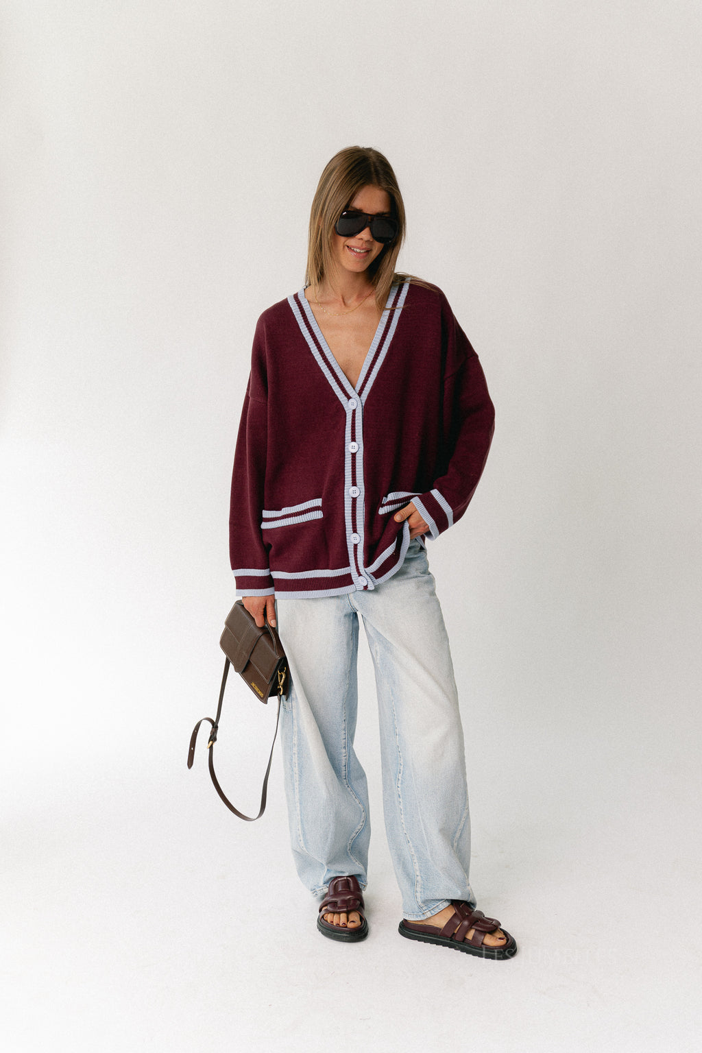 Sage cardigan burgundy/baby blue