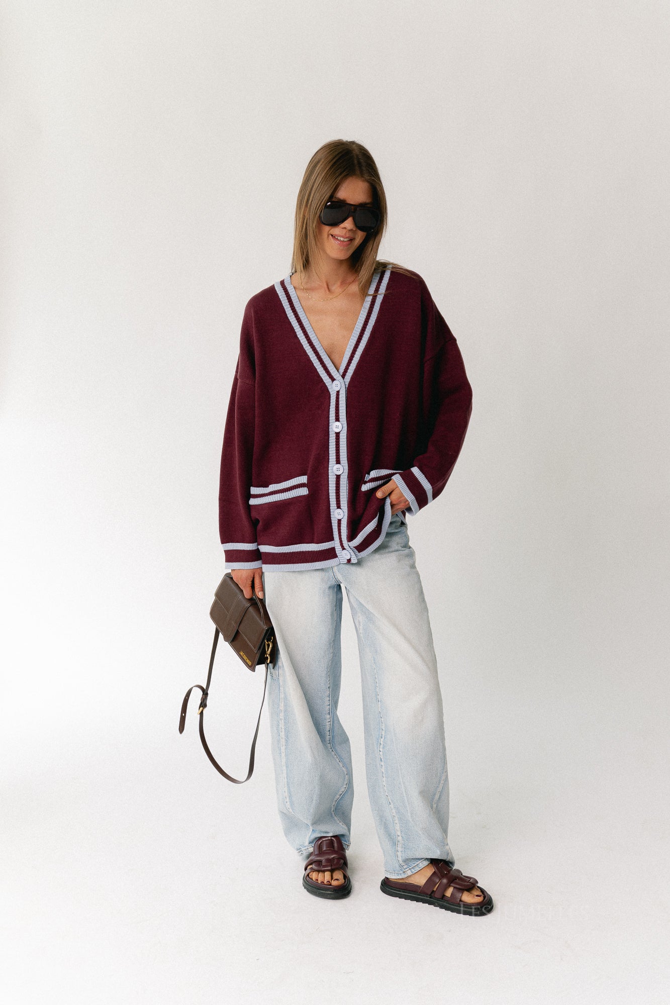 Sage cardigan burgundy/baby blue