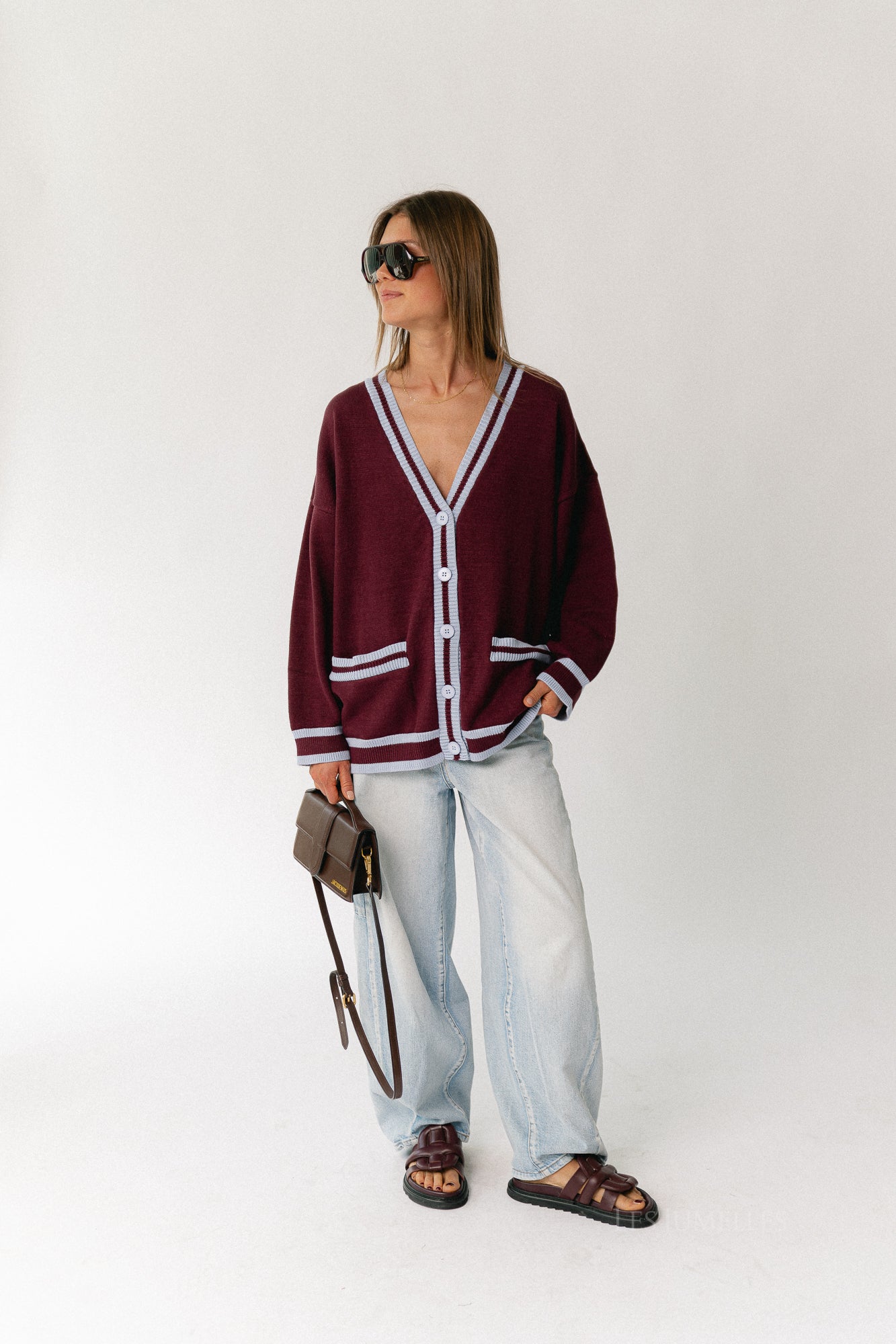 Sage cardigan burgundy/baby blue