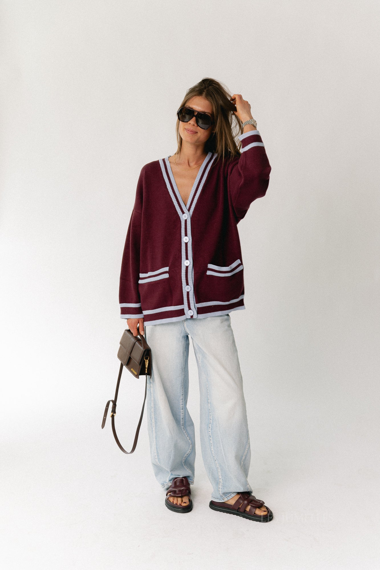 Sage cardigan burgundy/baby blue