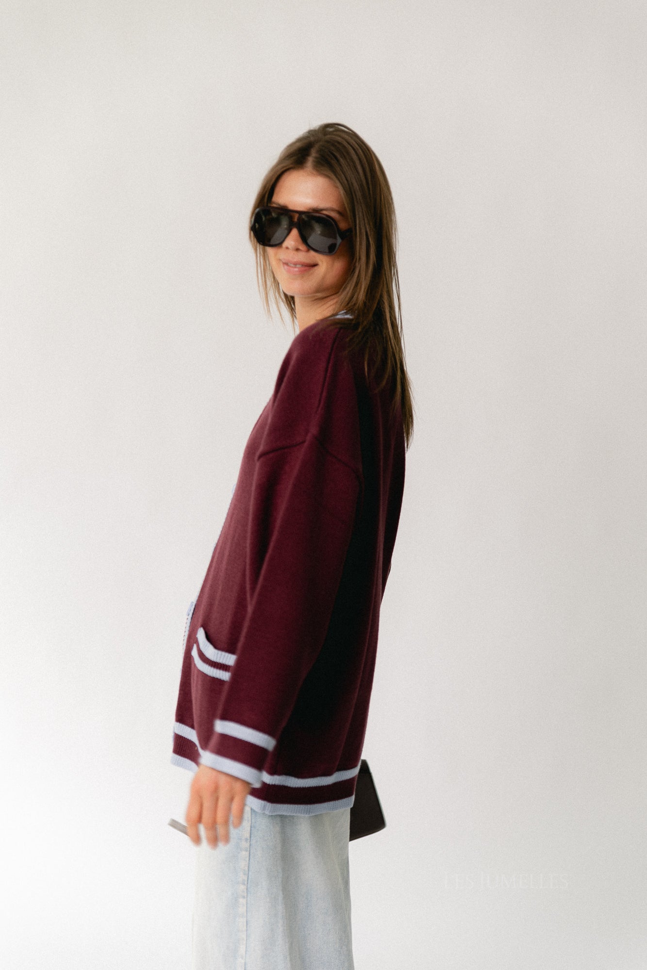 Sage cardigan burgundy/baby blue
